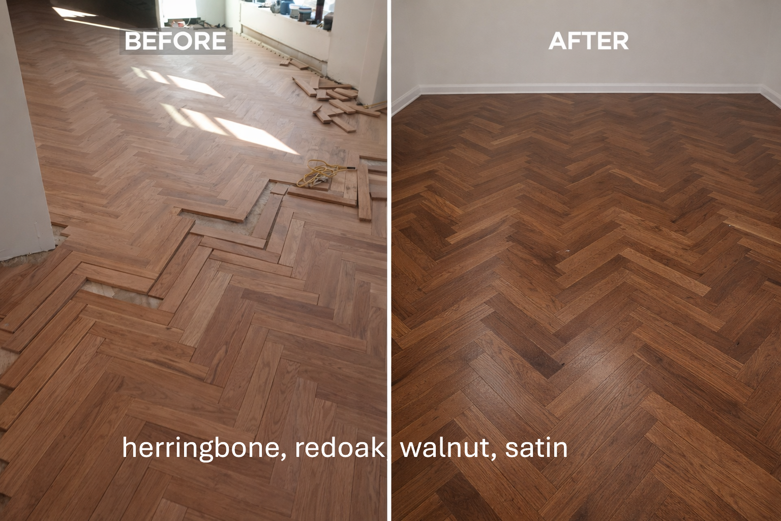 Before and after hardwood floor refinishing transformation in Boulder