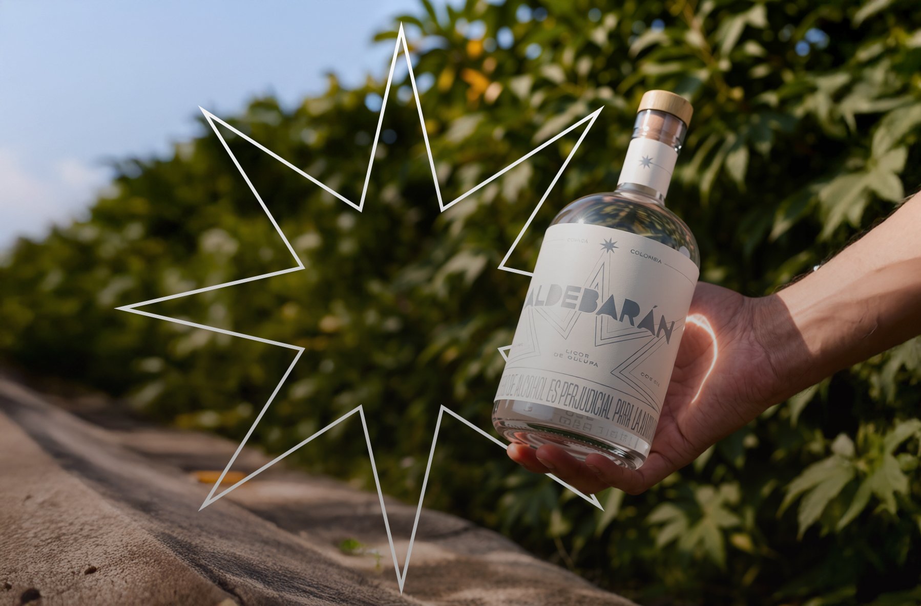 A hand holding a bottle of Aguardiente alcohol outdoors, with green foliage and a blue sky in the background, and a white star-shaped graphic overlay.