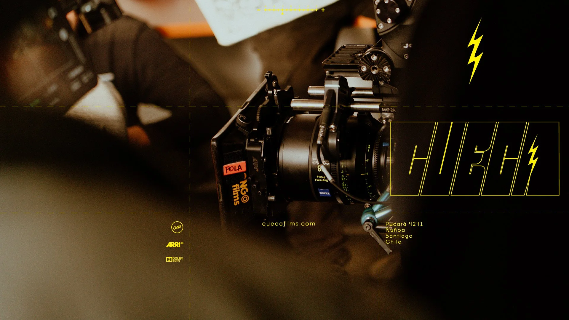 A professional camera mounted on a stabilizer with tracking markers and the word "HIGH" in large yellow lettering over a dark background.