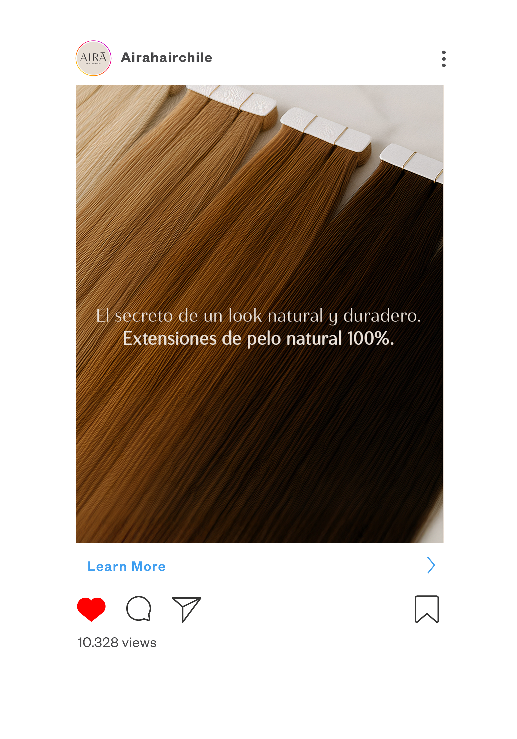Instagram post showing hair extensions in various shades of brown with text promoting 100% natural hair extensions.