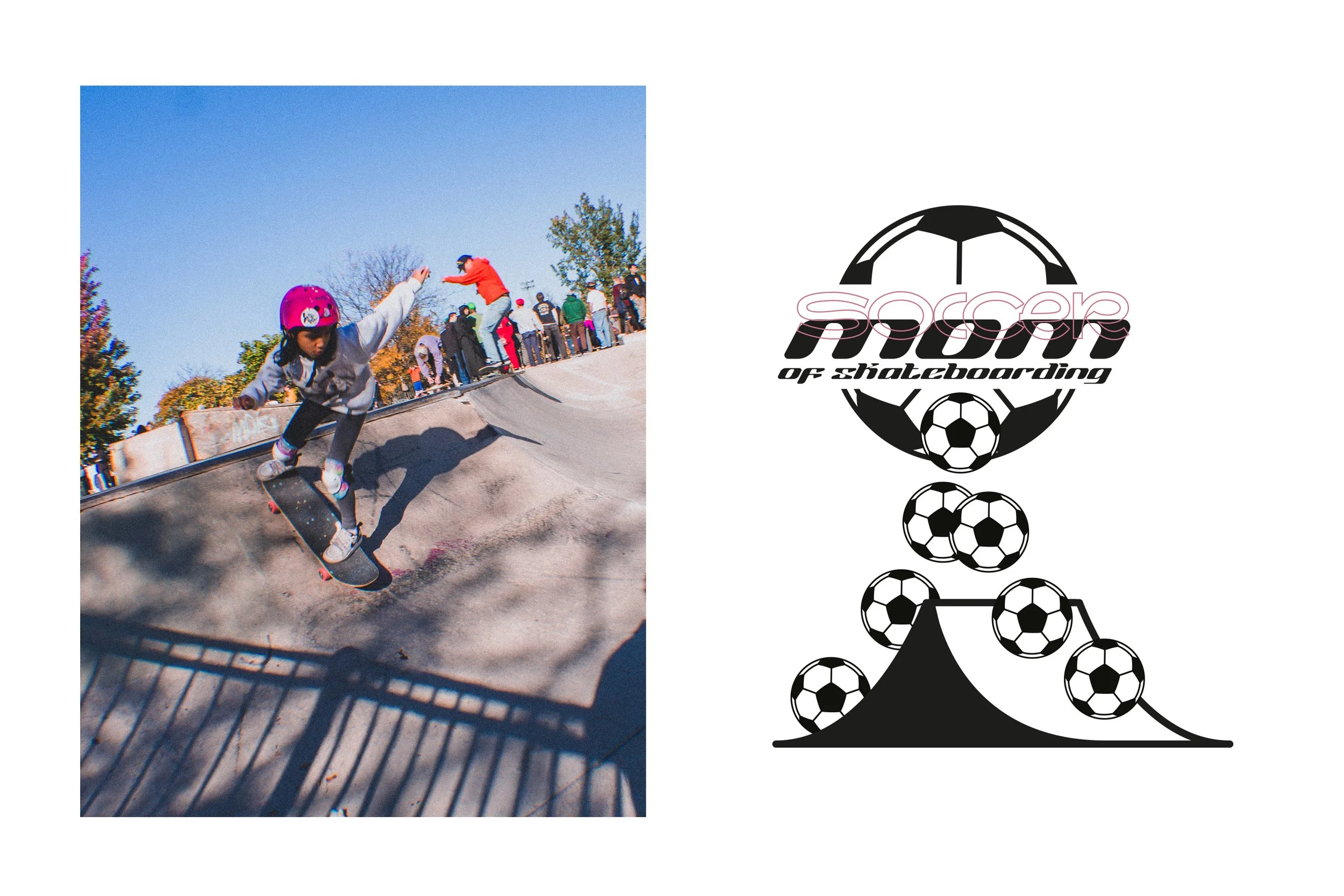 A young skateboarder with a pink helmet performs a trick at a skatepark on a sunny day, with other skaters and onlookers in the background.