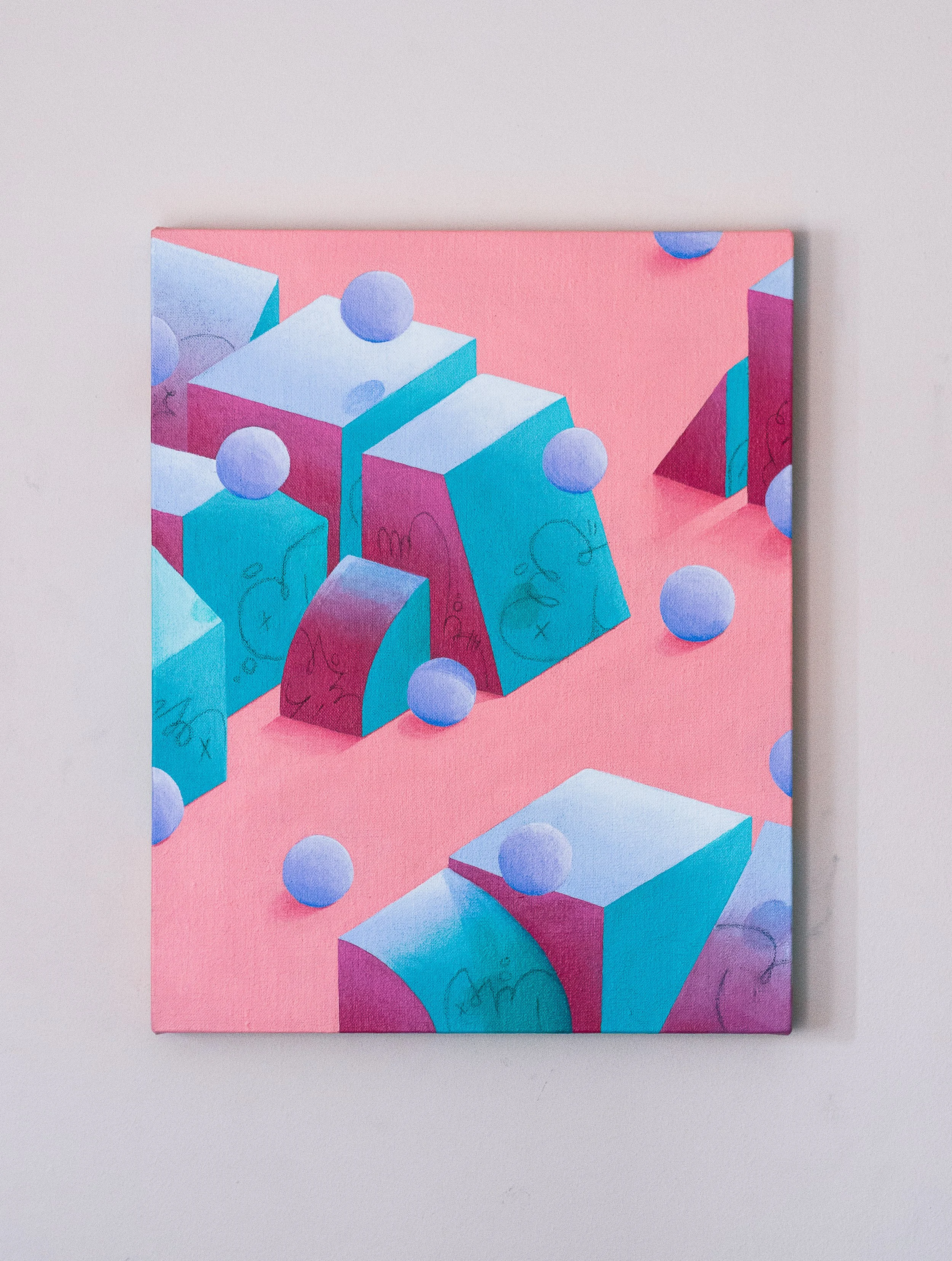 A painting depicting geometric shapes, including cubes, cylinders, and spheres, in pastel pink, blue, and purple colors on a pink background.