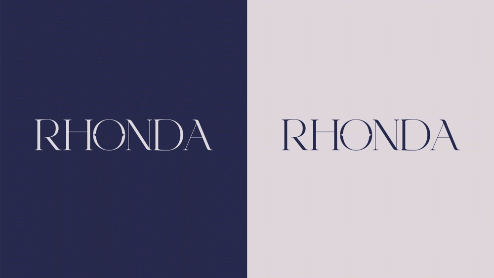 The image shows two side-by-side squares with the word "RHONDA" written in the center of each. The left square has a dark blue background with white text, and the right square has a light gray background with dark blue text.