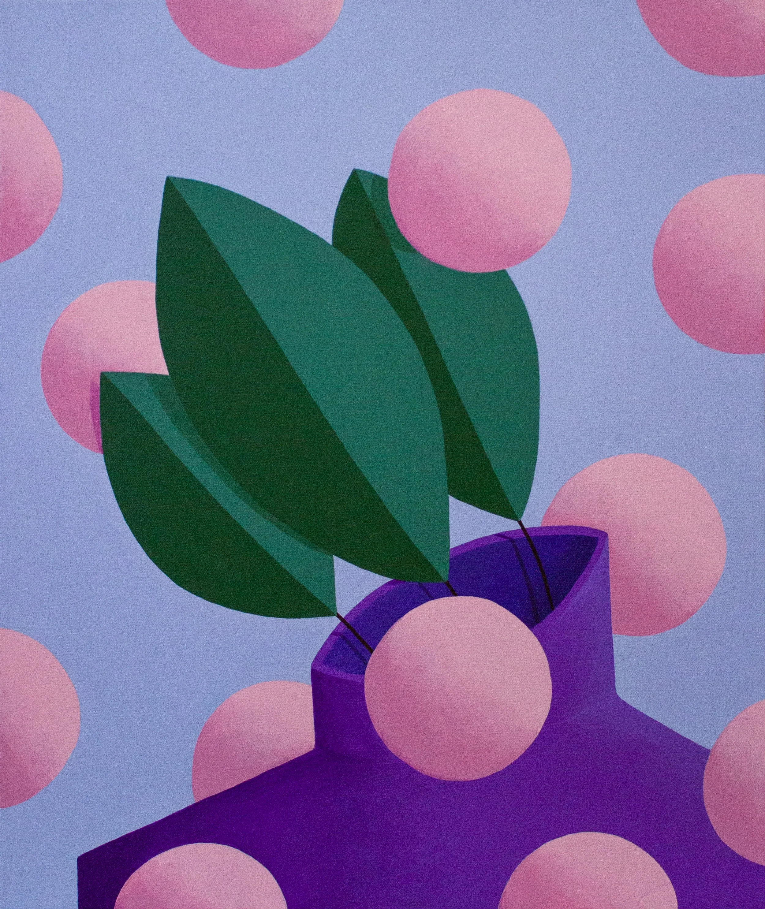 Illustration of a purple vase with green leaves and pink spherical flowers, surrounded by pink polka dots on a light purple background.
