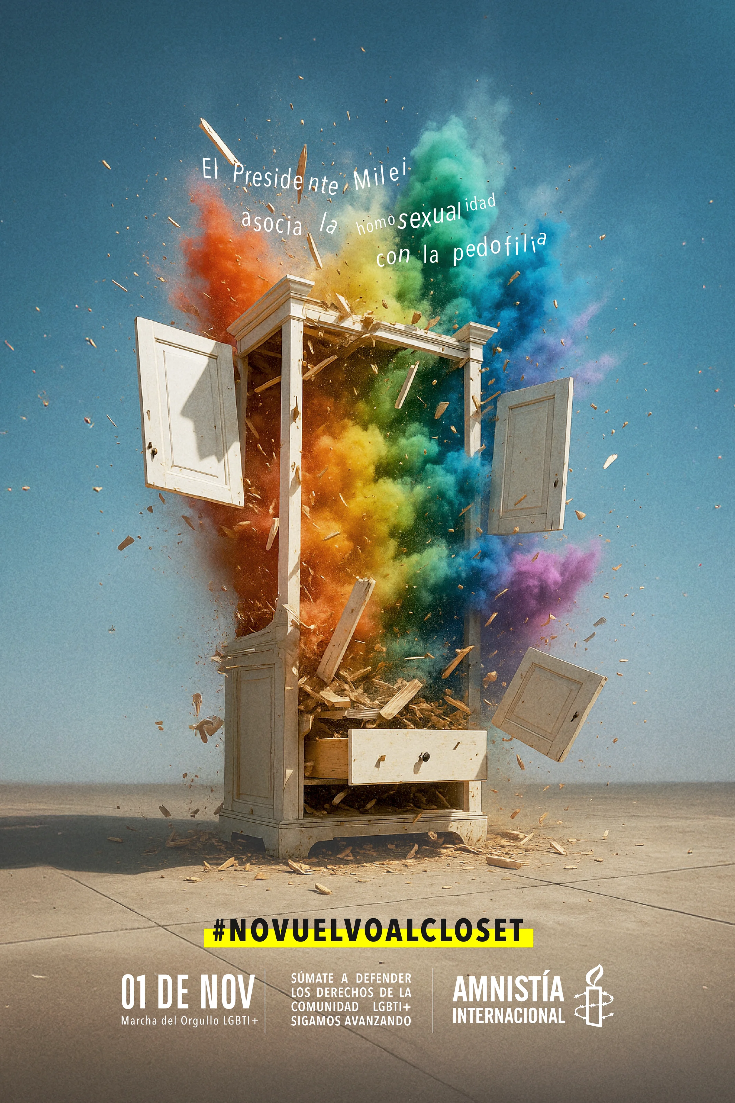 An open white wooden closet door exploding, releasing colorful powder explosions in red, orange, yellow, green, blue, and purple, with debris flying outward, under a clear blue sky.