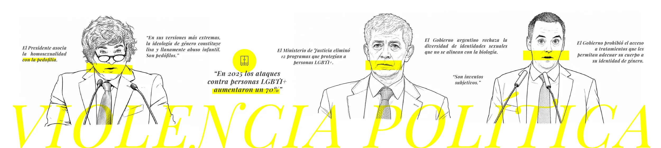 Three black-and-white illustrations of people speaking at a podium, with yellow highlights and text across the bottom and above each person.