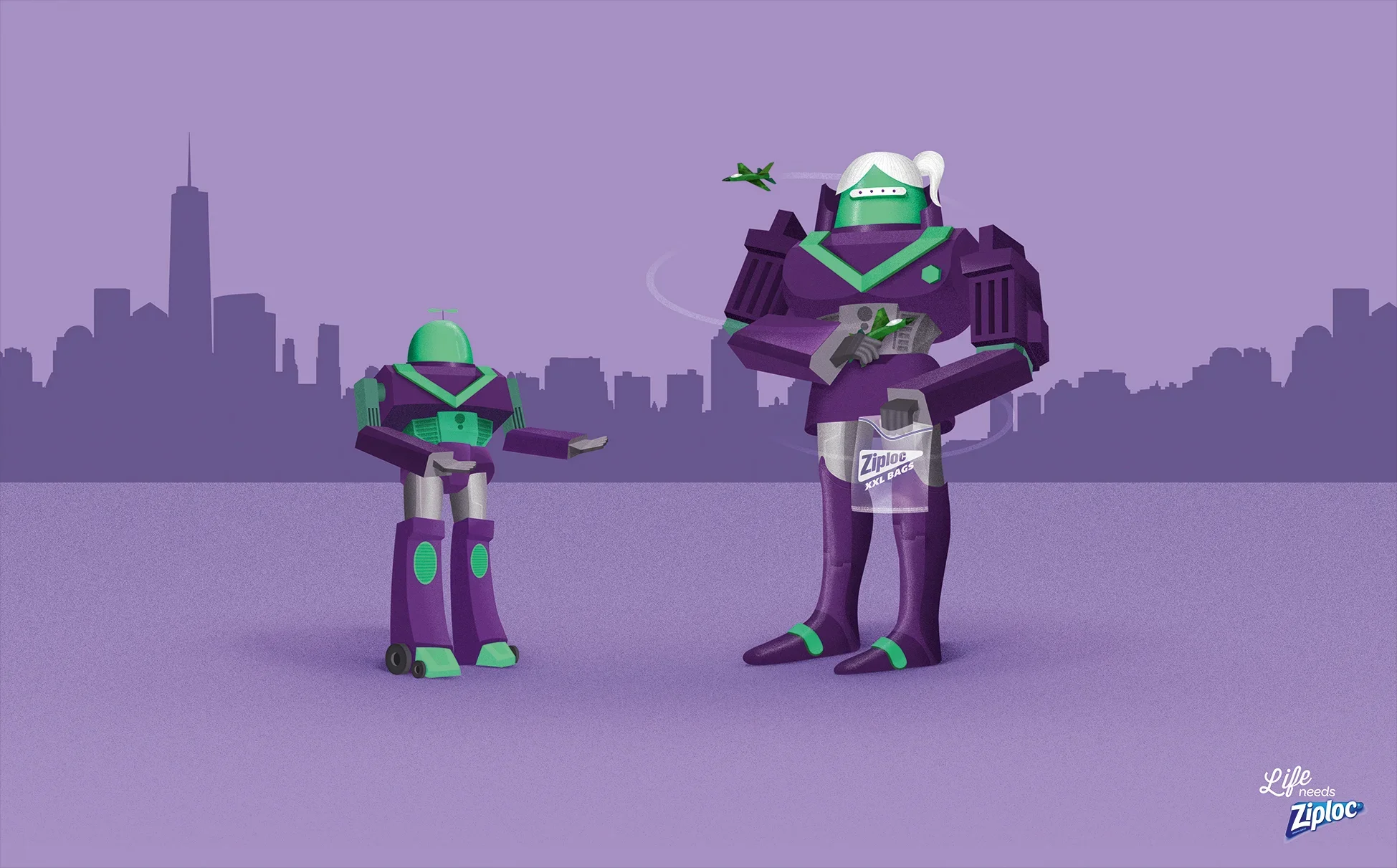 Illustration of two robots amidst a city skyline with a purple background. The larger robot is holding a newspaper in one hand and a roll of Ziploc bags in the other. The smaller robot is beside it, with a plain background.
