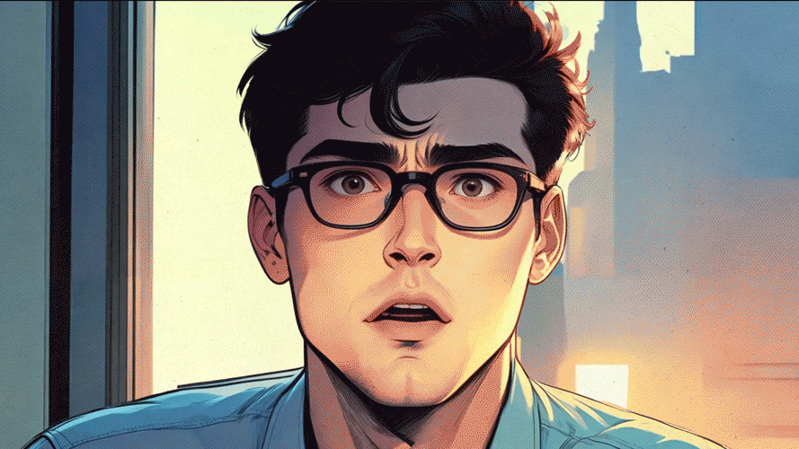 A digitally illustrated close-up of a young man with dark curly hair wearing glasses, looking surprised or shocked. He is indoors with a window and cityscape in the background during sunset.