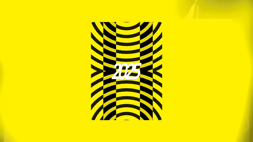 A black and yellow optical illusion pattern with the number 2025 in white font in the center.