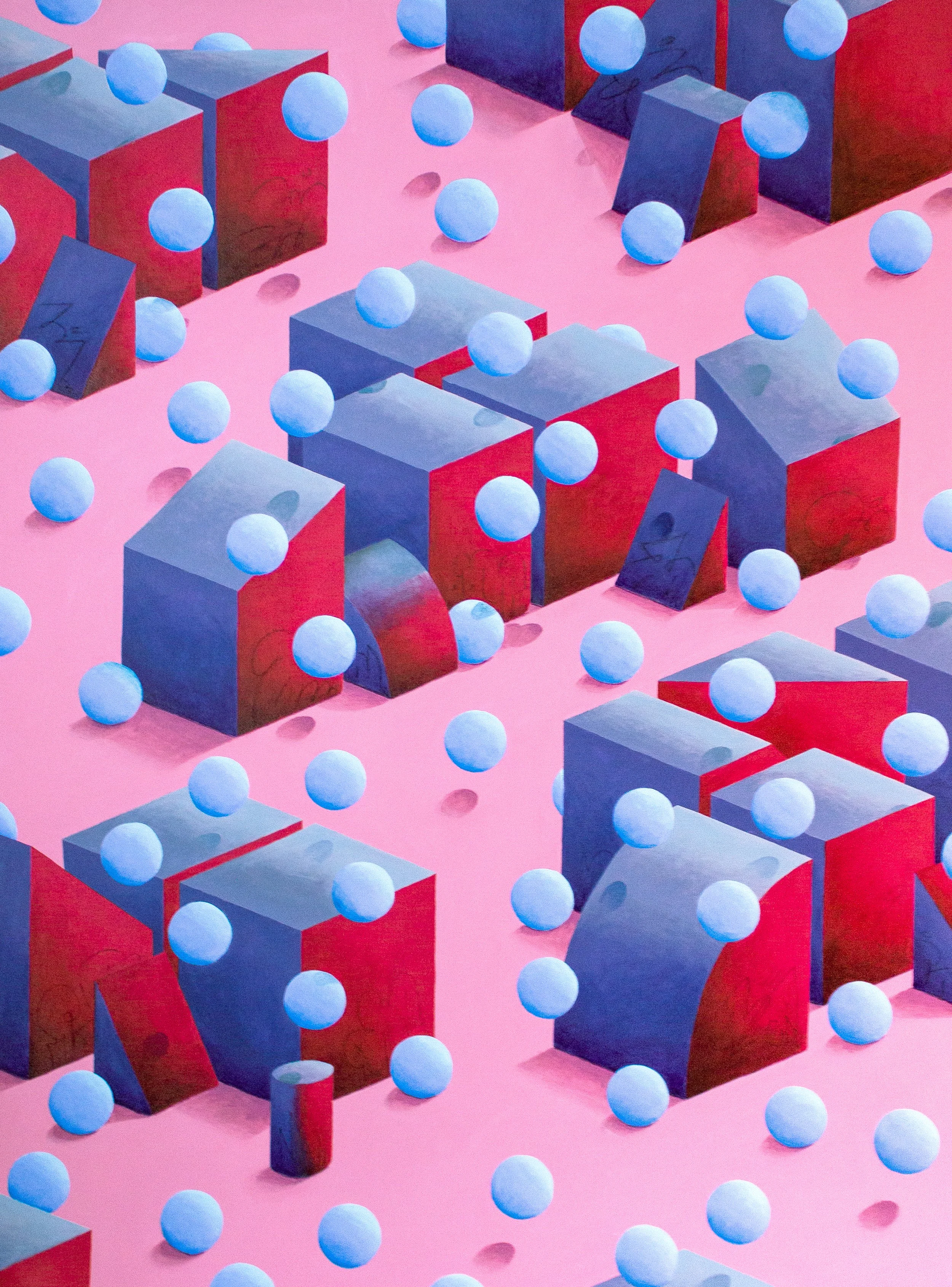 Various geometric shapes including cubes and semicircles in red and blue colors, with small white spheres scattered on a pink background.