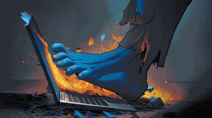 A giant blue foot stomps on a laptop causing it to shatter and ignite in flames.