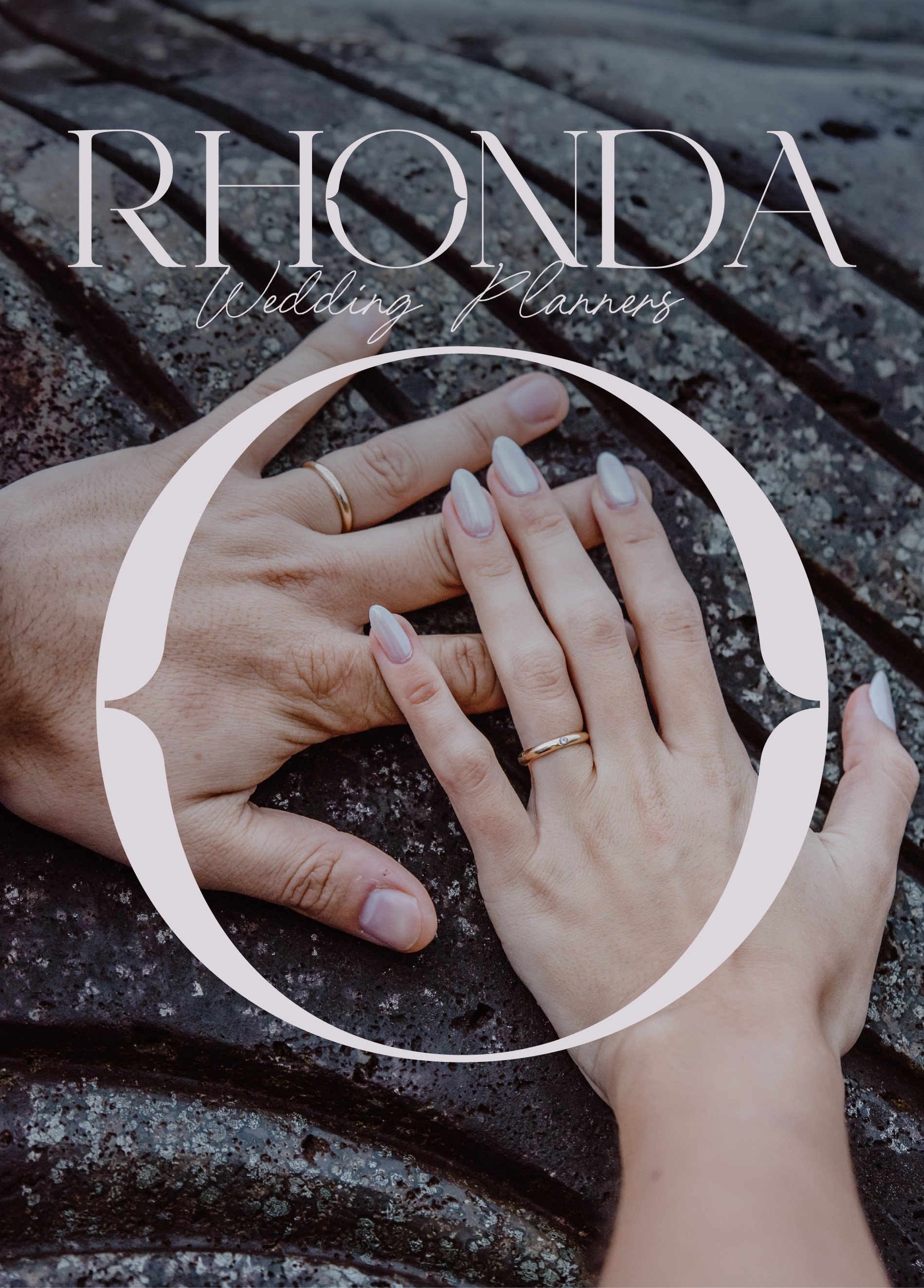 Two hands with wedding rings resting on a textured wooden surface, with text overlay reading 'Rhonda Wedding Planners'.