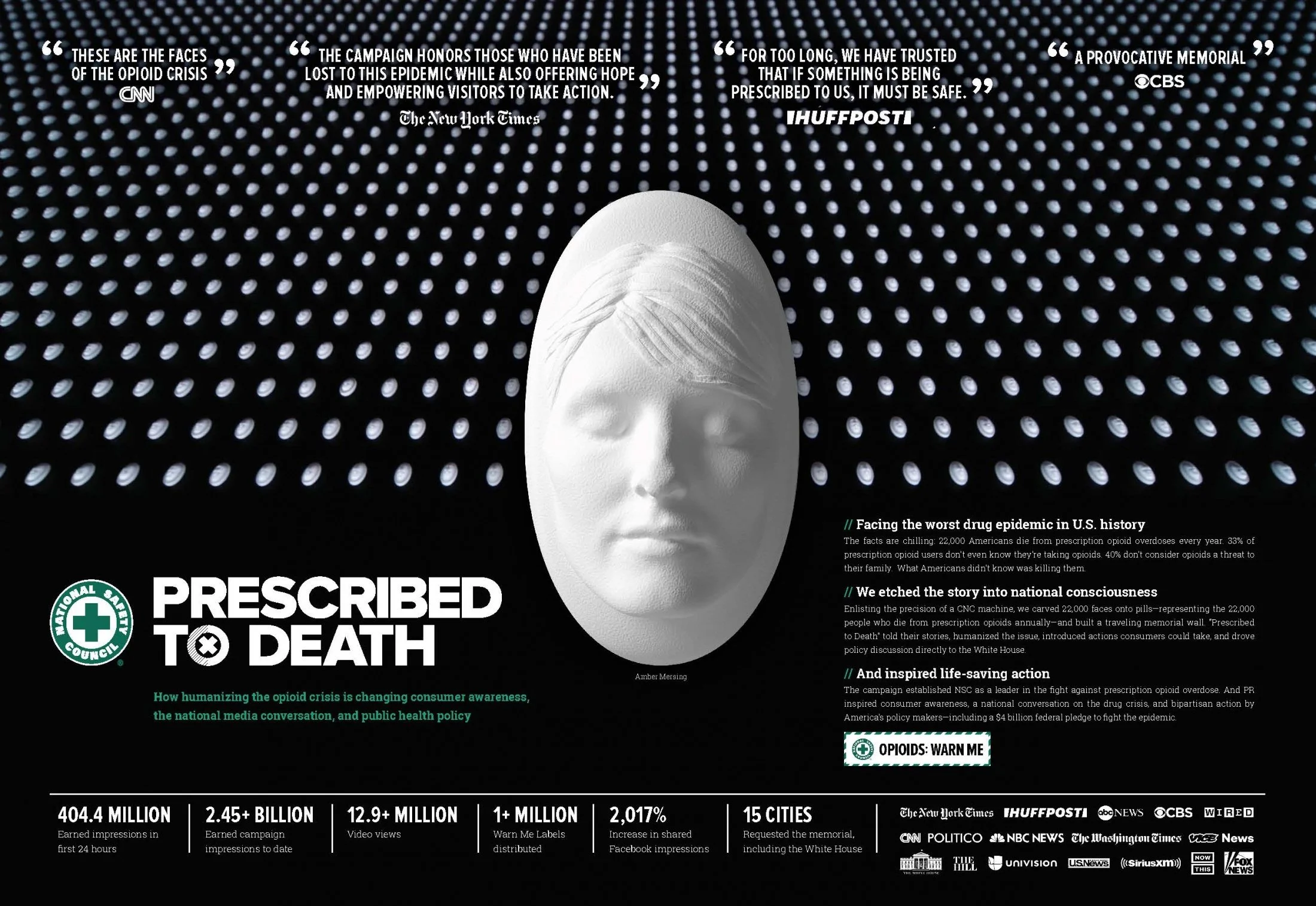 An awareness campaign poster titled "Prescribed to Death" highlighting the opioid crisis in the U.S., featuring a white-faced statue with closed eyes in front of a background of numerous white pills. The poster includes various quotes, statistics, and messages about opioid overdose and efforts to combat it, with logos of news organizations and health organizations.