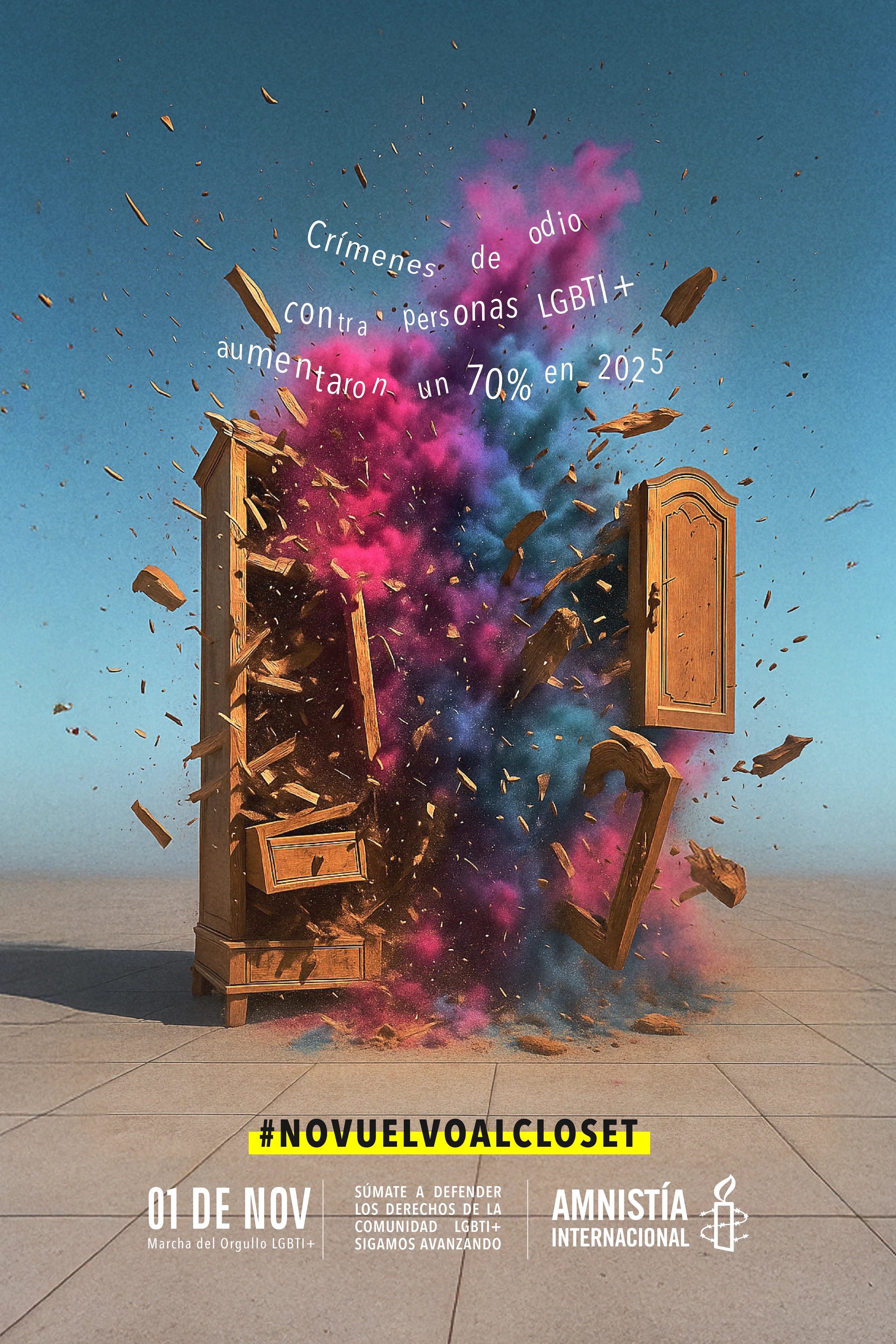 A wooden wardrobe exploding with pink and purple smoke and debris against a clear blue sky, with text in Spanish and English promoting the LGBT+ Pride March on November 1st.