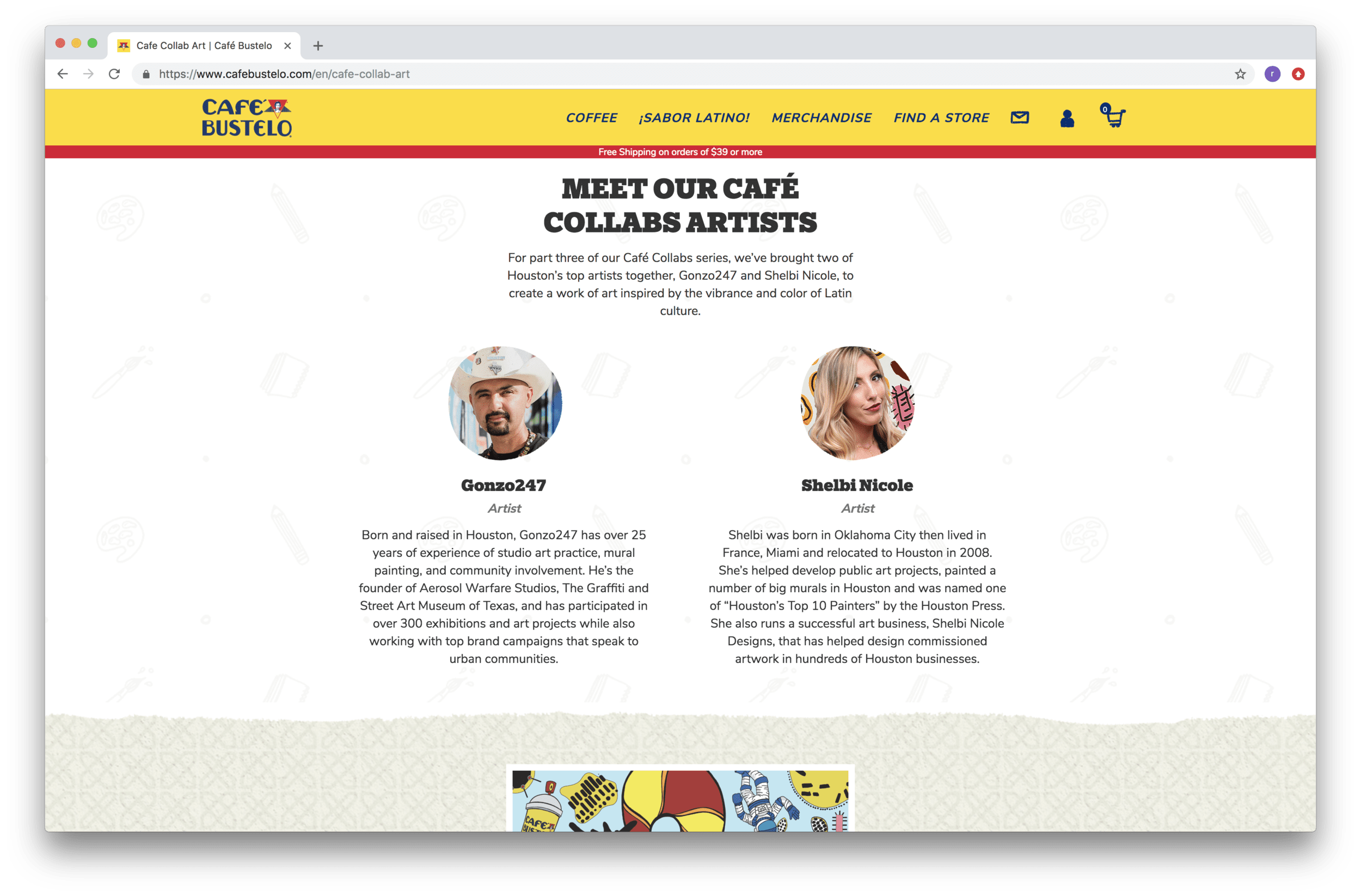 Web page titled 'Meet our Café Collabs Artists' featuring profiles of two artists, Gonzo247 and Shelbi Nicole, with their photos and descriptions of their backgrounds and art experiences.