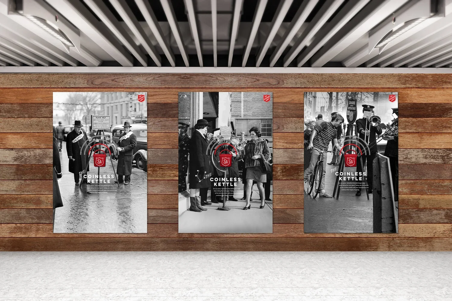 Three black and white posters on a wooden wall, each depicting vintage scenes related to the 'Coinless Kettle' campaign, featuring people with old-fashioned clothing and activities.