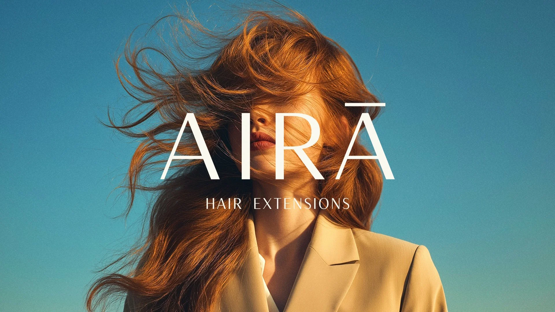 A woman with long, flowing red hair stands against a clear blue sky. The wind moves her hair around her face. She is wearing a beige blazer. The text overlay reads "AÏRA HAIR EXTENSIONS."