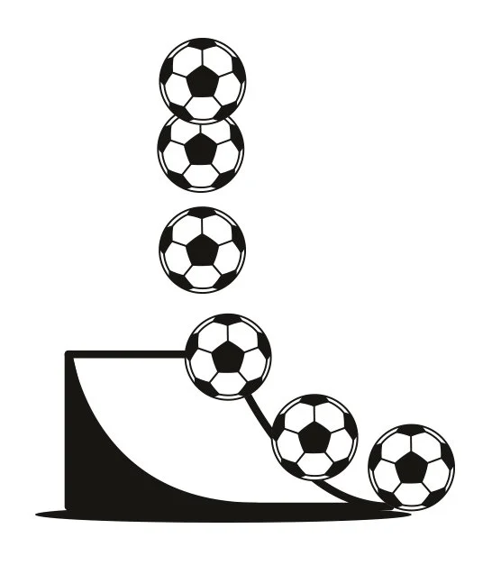 Sequence of soccer balls displayed to illustrate a physics concept involving projectile motion.