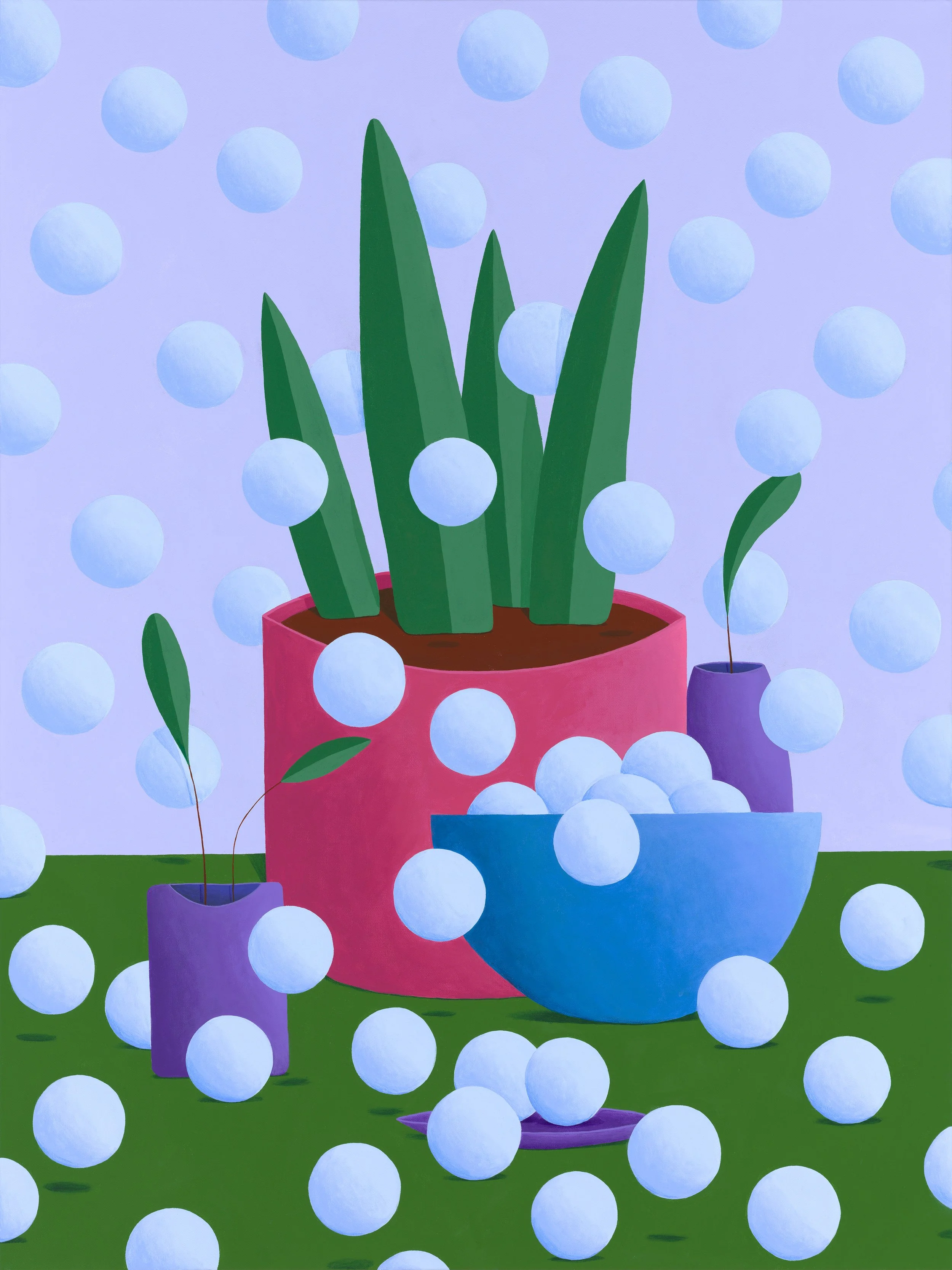 A colorful painting of a potted plant with tall green leaves surrounded by floating white spheres, a purple vase with a leaf, and a blue bowl with more white spheres, set against a lavender background and green surface.