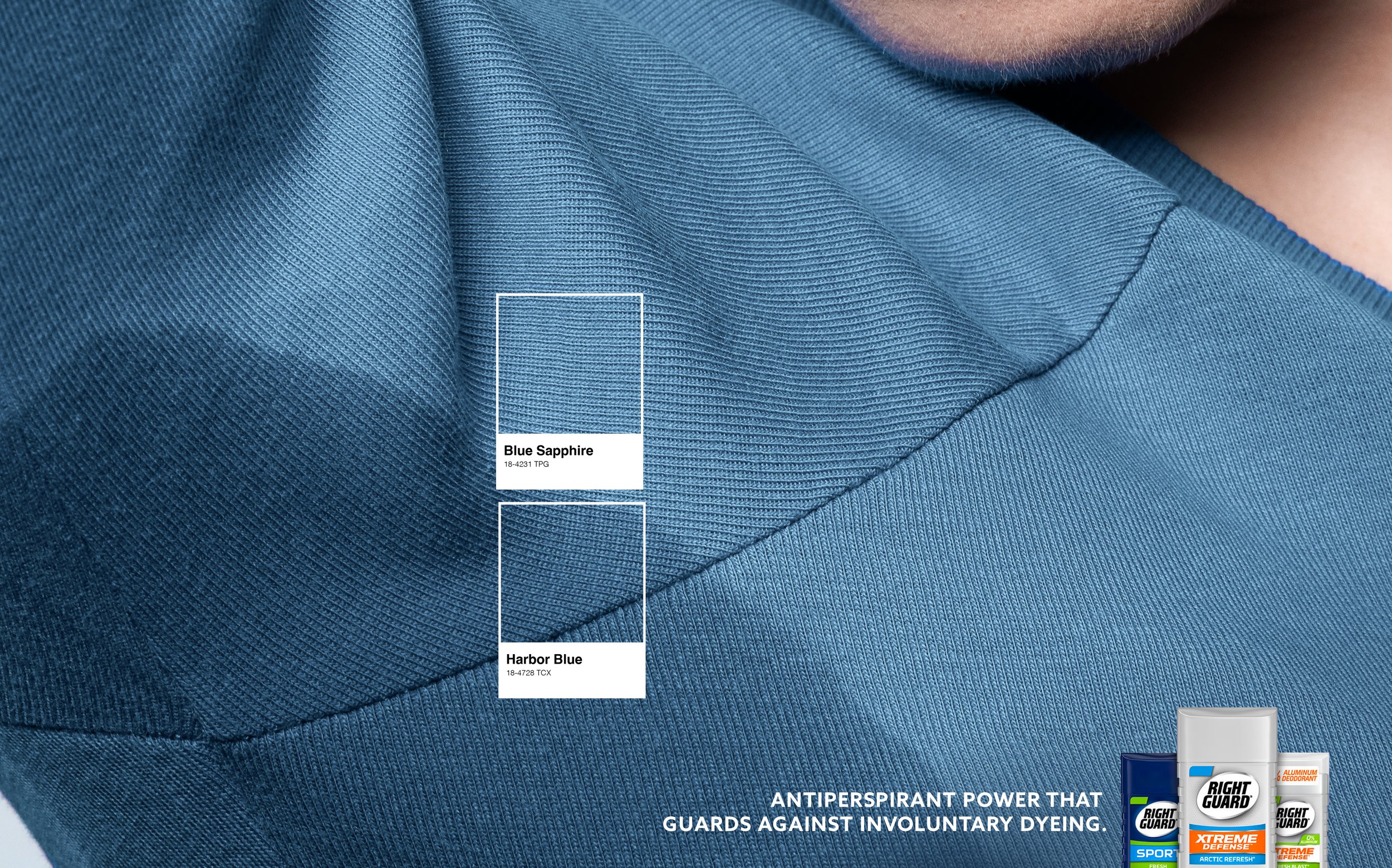 Close-up of a fabric with color swatches labeled 'Blue Sapphire' and 'Harbor Blue', and a reinforcement of text about antiperspirant power preventing involuntary dyeing, with three deodorant cans in the bottom right corner.