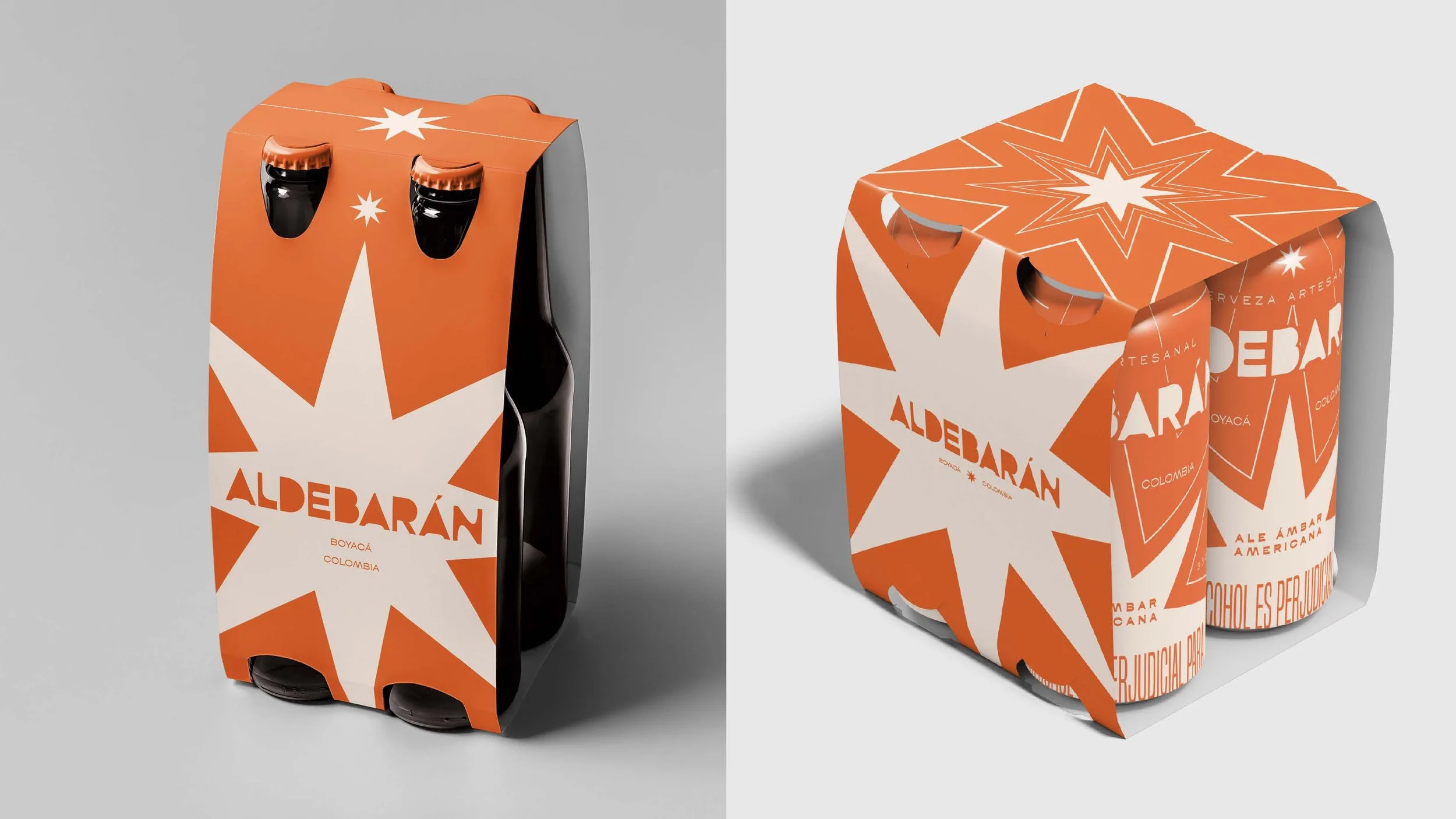 A pack of two bottles of Aldebarán beer from Boyacá, Colombia, wrapped in orange and white star-shaped packaging.
