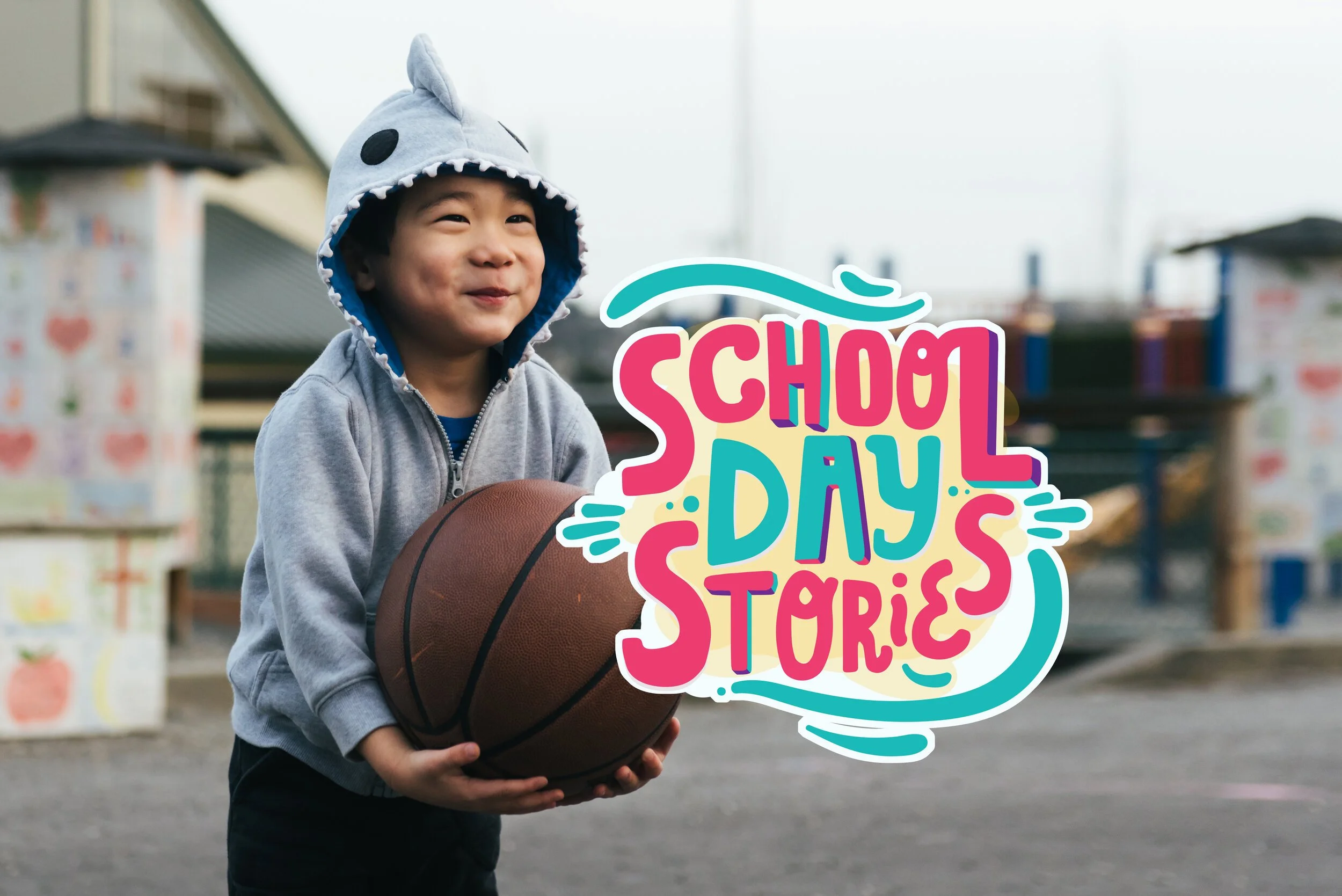 A young boy wearing a shark hoodie holding a basketball at school, with a colorful 'School Days Story' graphic overlay.
