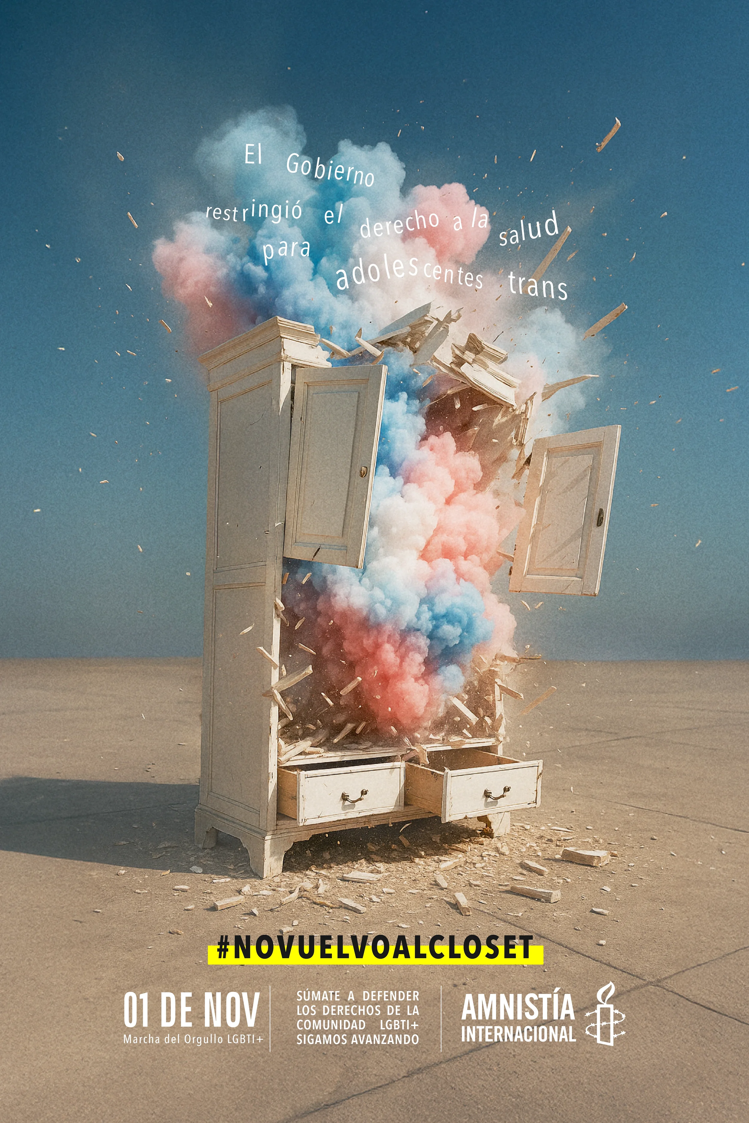 A wardrobe exploding with colorful pink, blue, and white smoke and debris in an open, outdoor area with a clear sky. The image contains overlaid text in Spanish and English promoting an LGBTI pride march and international amnesty event on November 1st, with hashtags and call to action for community rights.