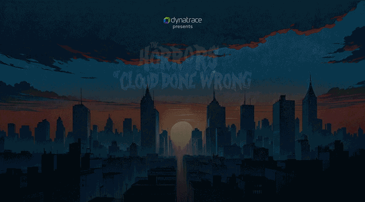Illustration of a city skyline at sunset with dark clouds and the sun setting below the horizon. Overlaid text says 'The Cloud Doing Wrong' with the logo of Dynatrace above.
