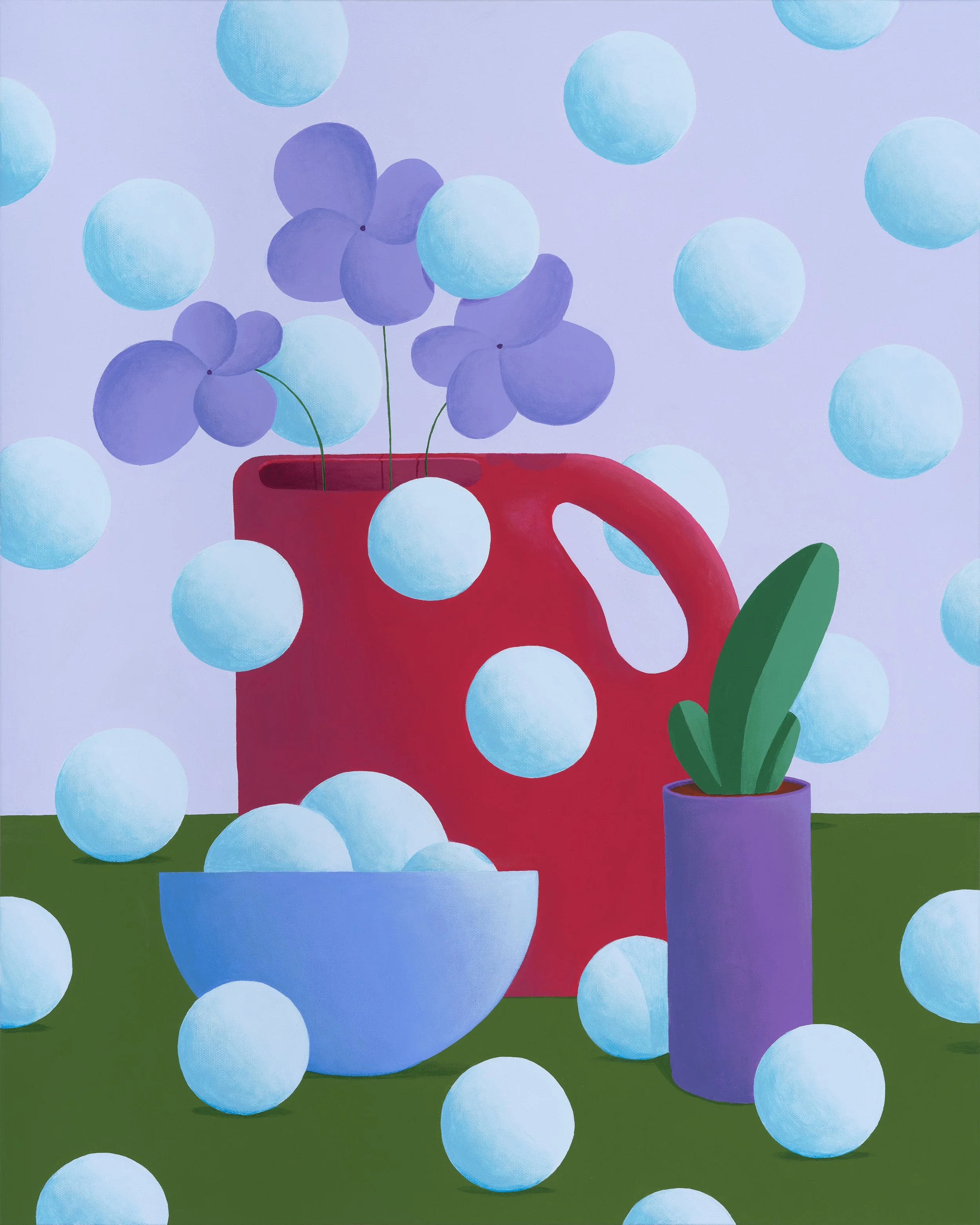 A colorful still life painting featuring a red pitcher with purple flowers, a purple vase with green leaves, and a blue bowl filled with white balls, with some balls falling around.