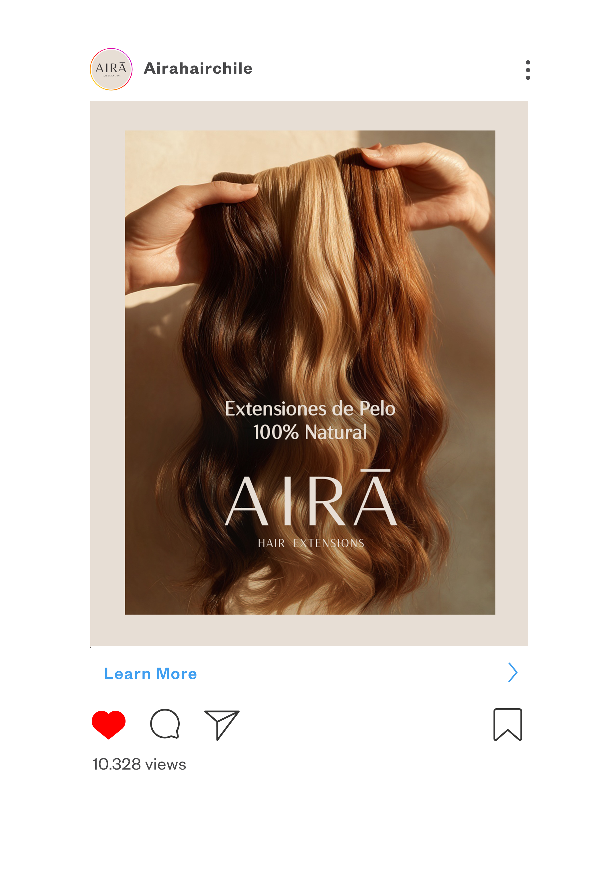 Instagram post advertising AIRA hair extensions, showing a hand holding blonde and light brown wavy hair extensions with Spanish and English text.