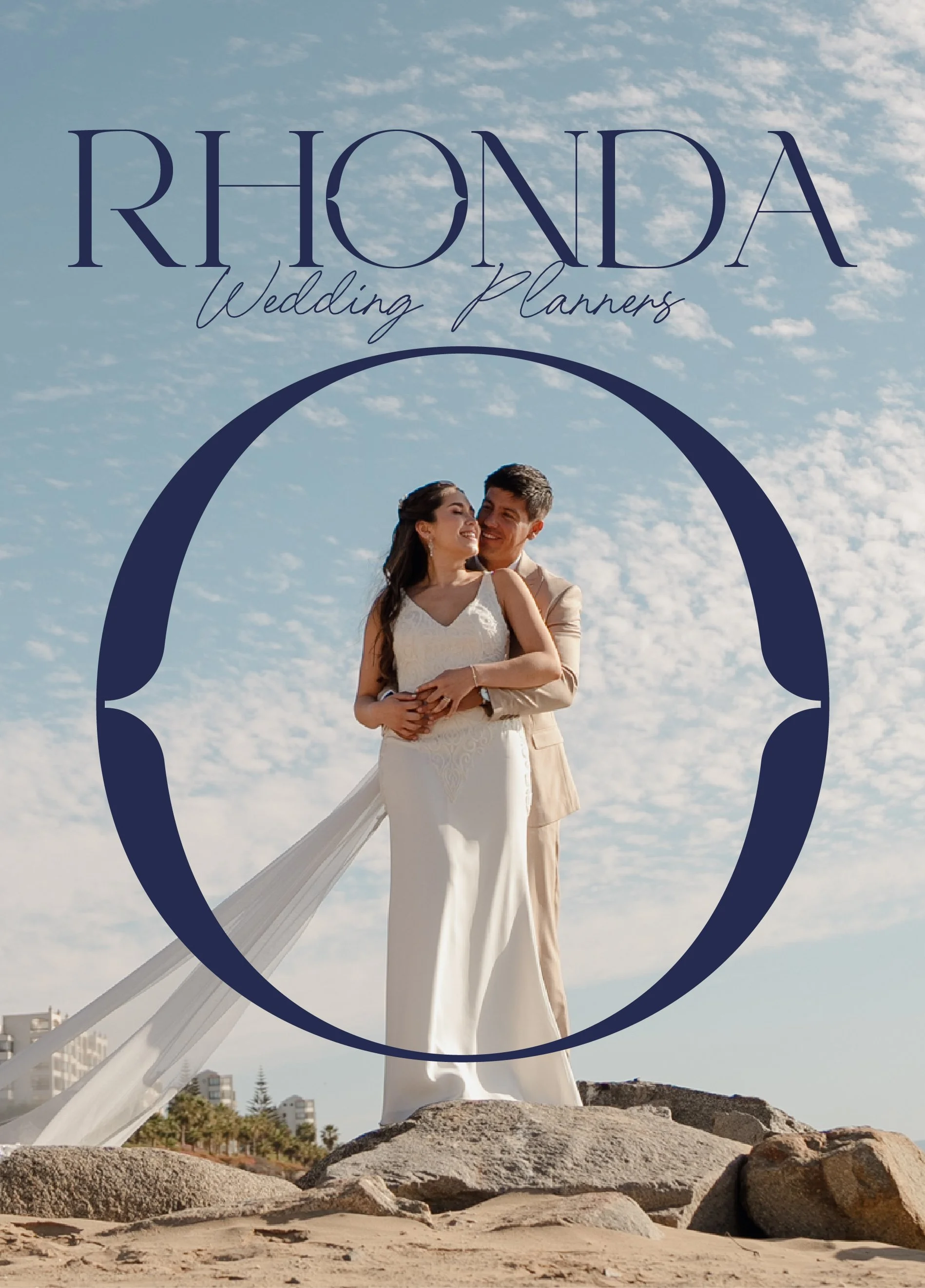 Wedding planner advertisement featuring a smiling bride and groom on a rocky beach with sky and clouds in the background, overlaid with the text 'RHONDA Wedding Planners'