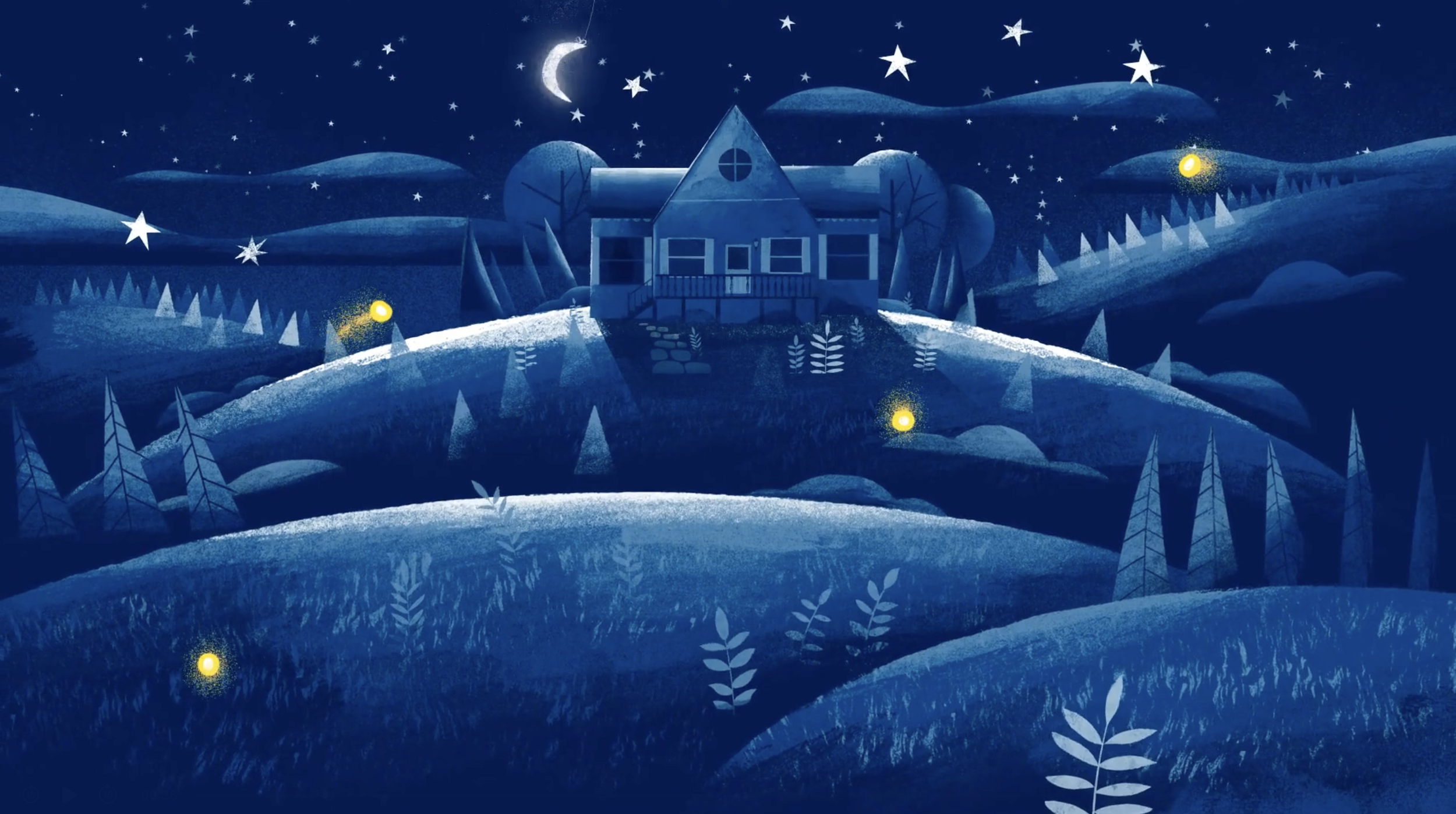 A nighttime illustration of a house on a hill surrounded by trees and rolling hills under a starry sky with a crescent moon and glowing fireflies.
