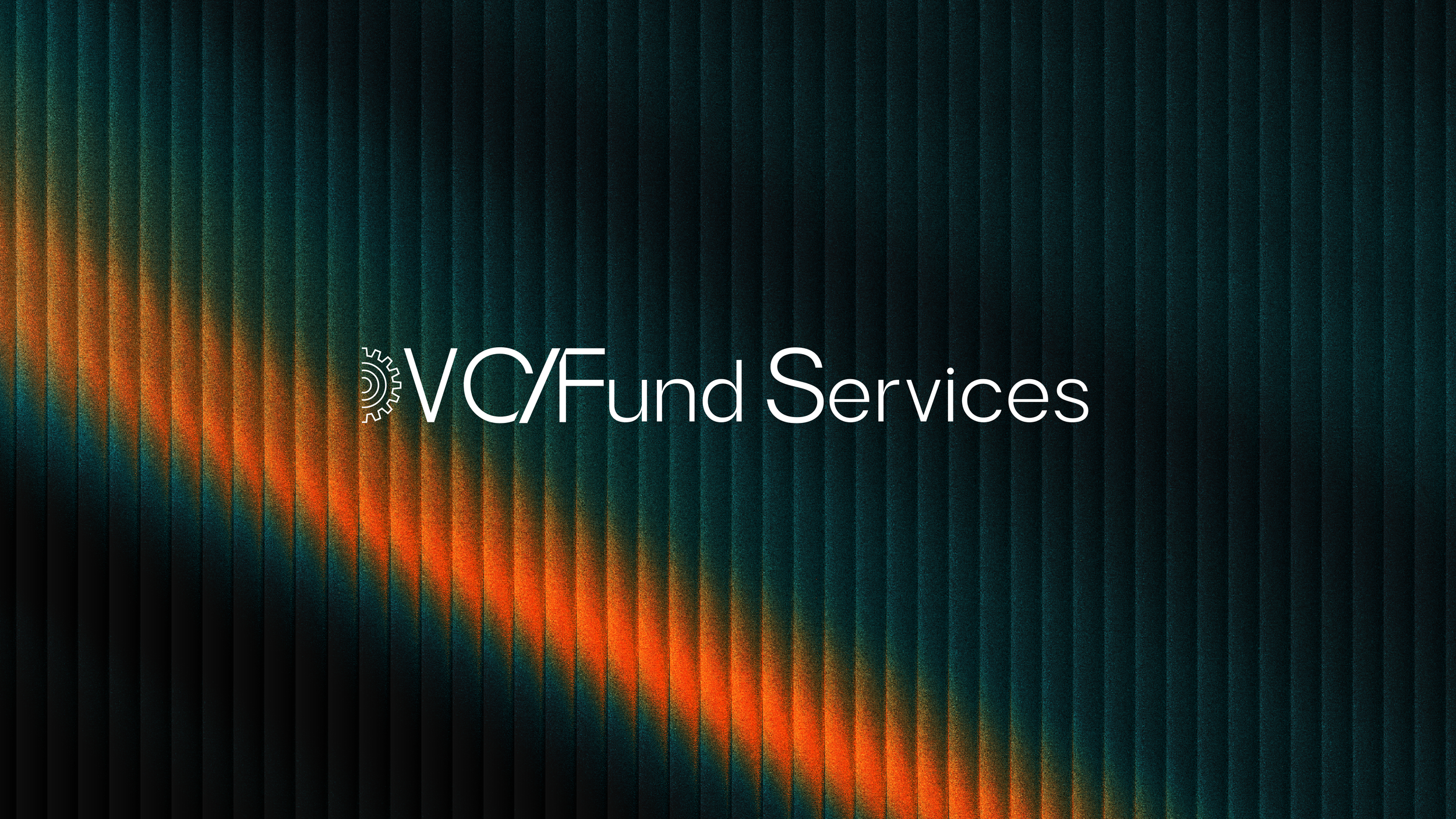 VCFund Services logo on a dark, textured background with vertical ridges and a colorful glow.