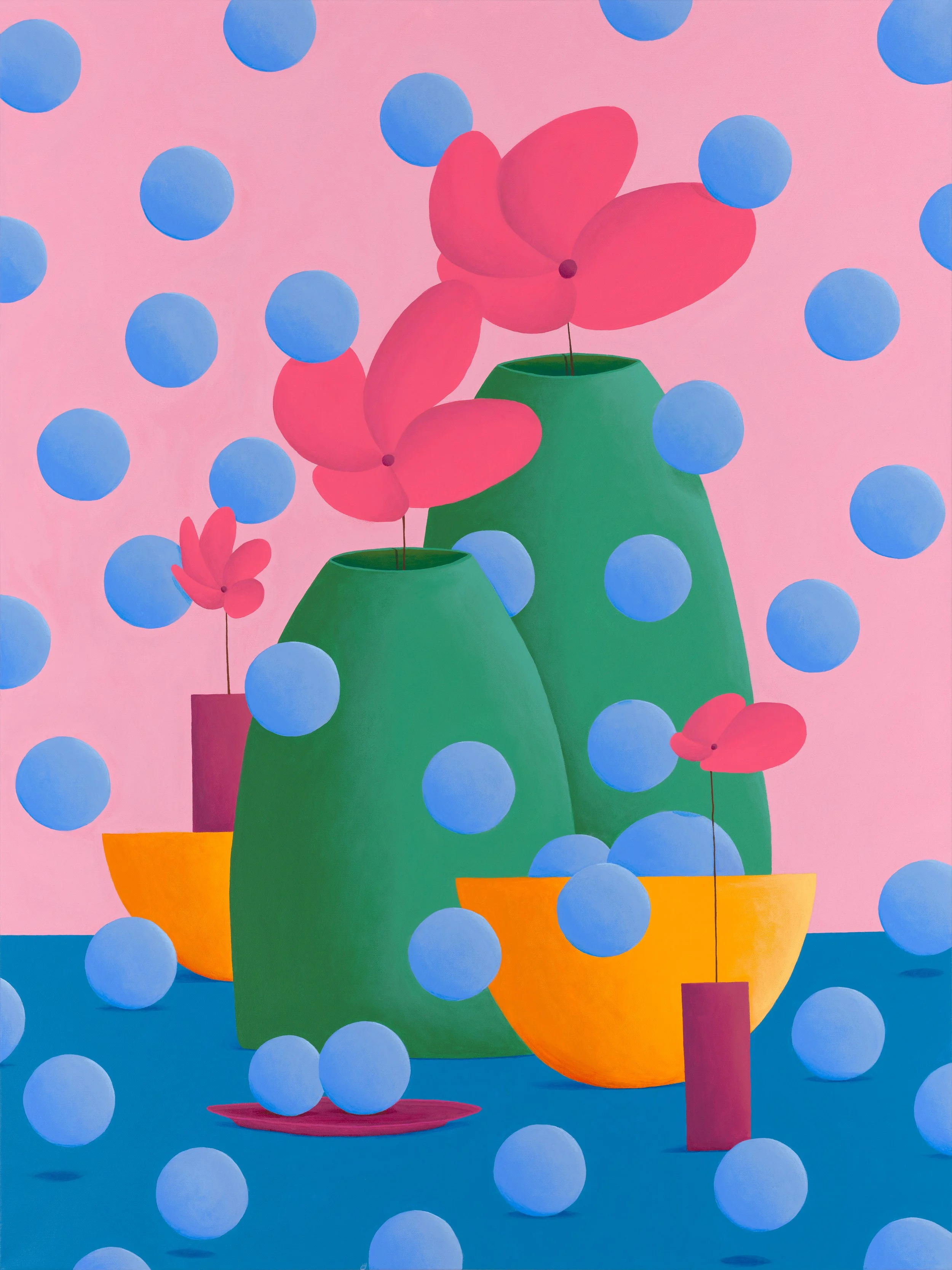 Colorful abstract still life with green vases, pink flowers, orange and purple containers, and blue spheres on a pink background.