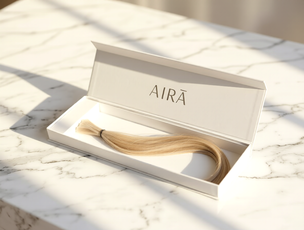 A white box labeled 'AIRĀ' containing blonde hair extensions resting on a marble surface.