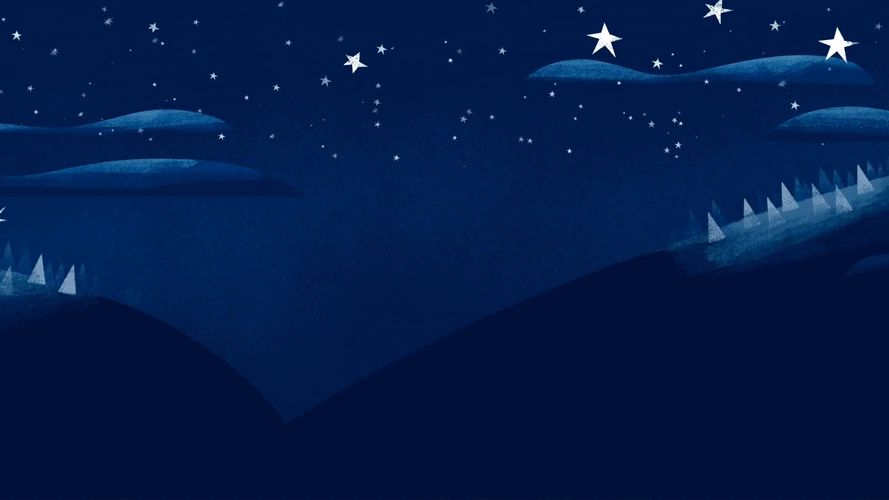 Night sky with stars over hilly landscape with trees and clouds.