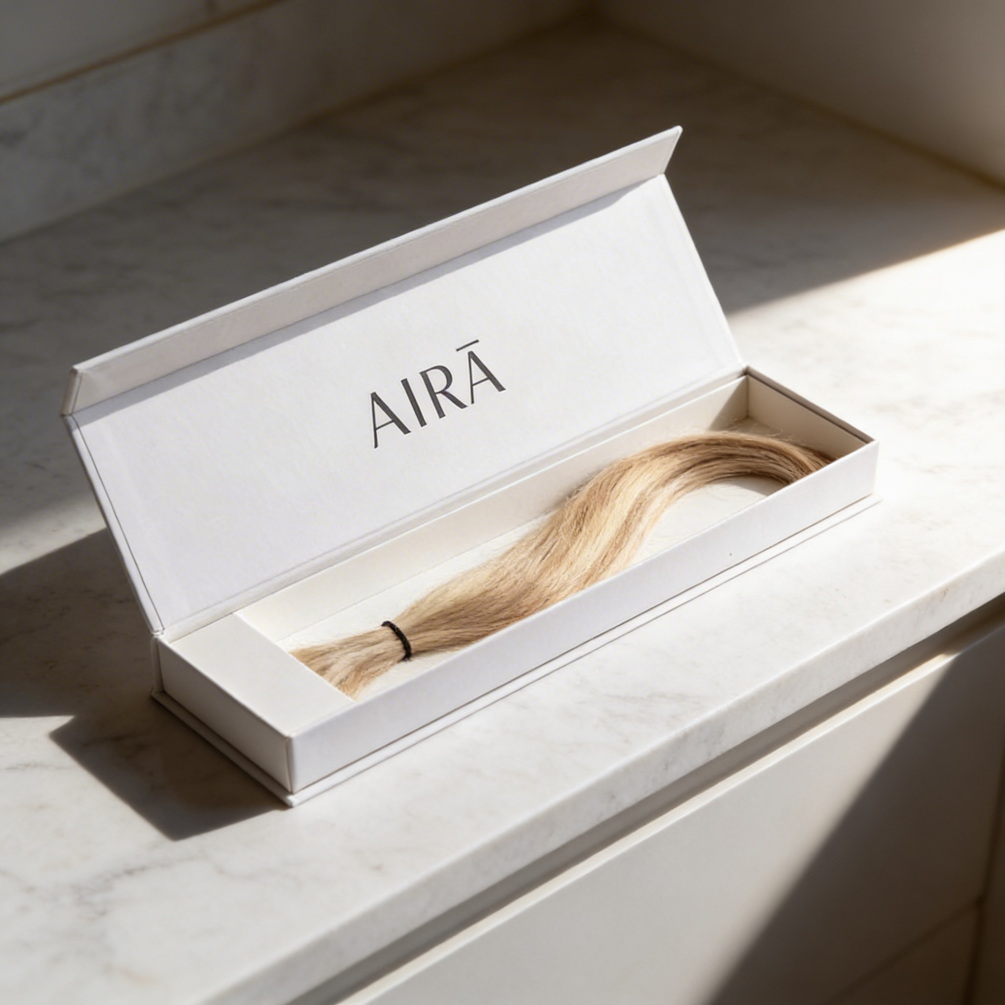 A white box with the word 'AIRĀ' printed inside the lid, containing a bundle of blonde hair extensions on a marble countertop, with sunlight casting a shadow nearby.