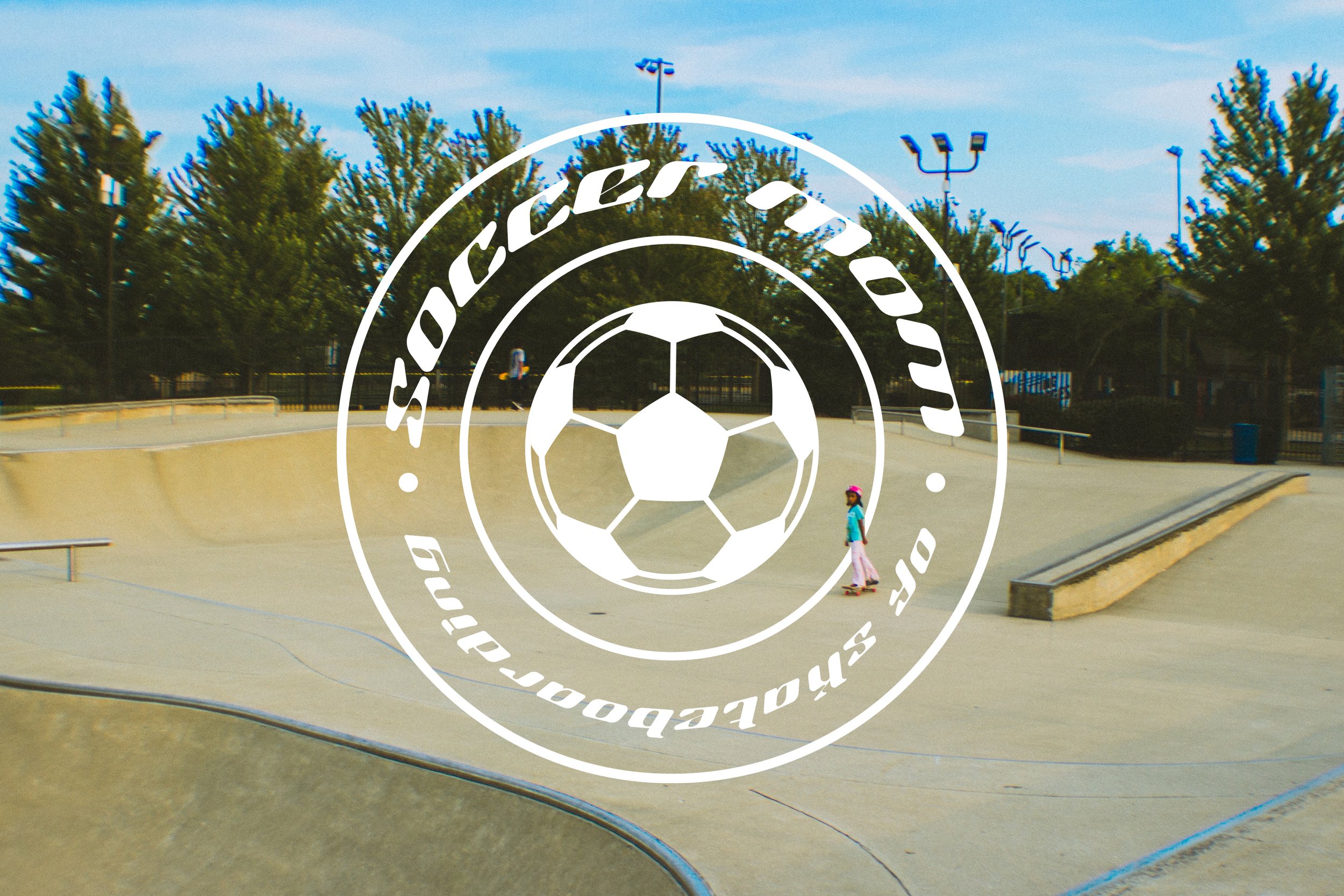 A skateboarder at a skate park with trees and light poles in the background, overlaid with a soccer ball graphic and the words 'soccer skateboard' in a circular design.