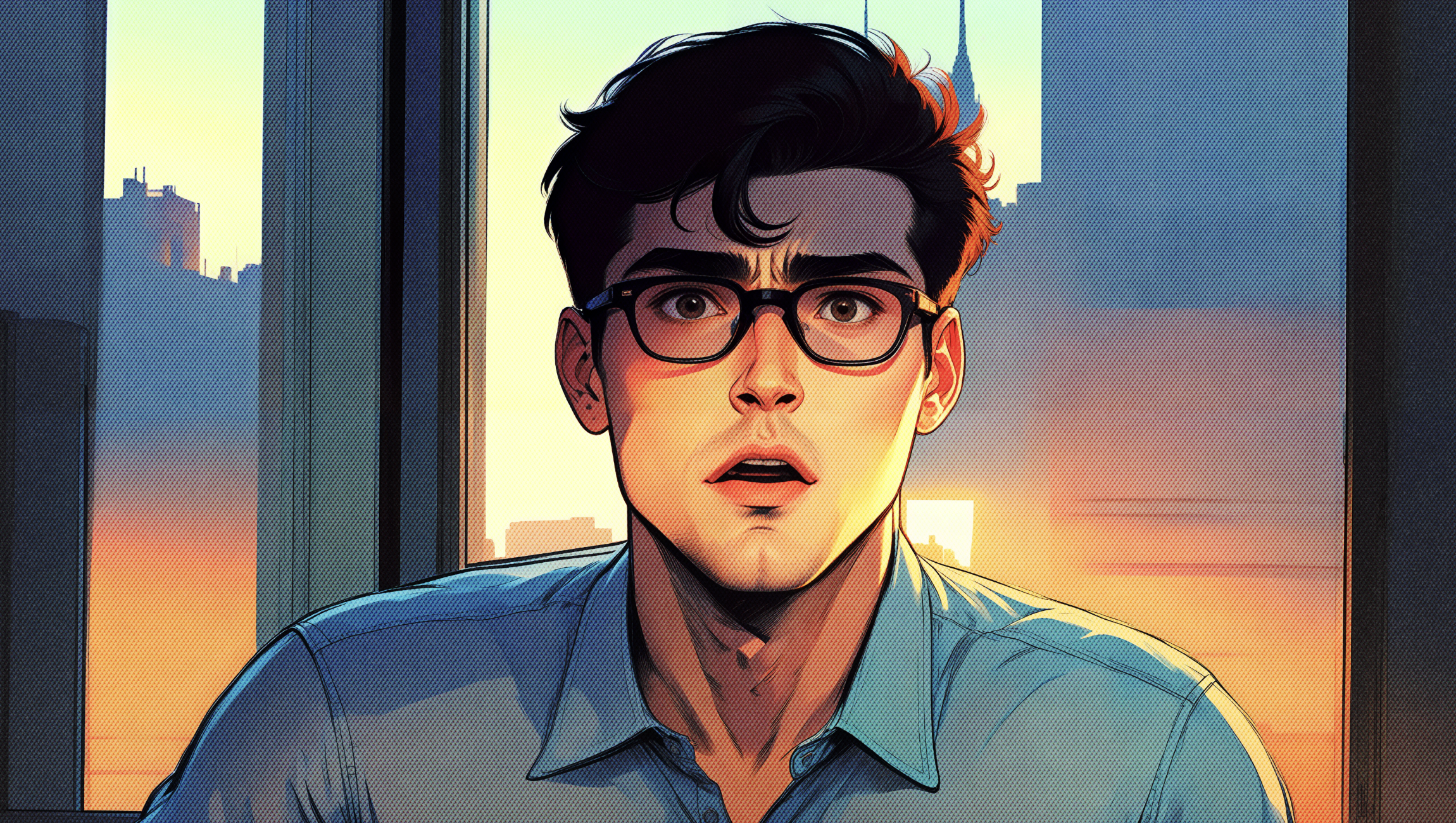 A digitally created illustration of a young man with dark hair, glasses, and an expression of shock or surprise, standing in front of large windows with a cityscape and sunset in the background.