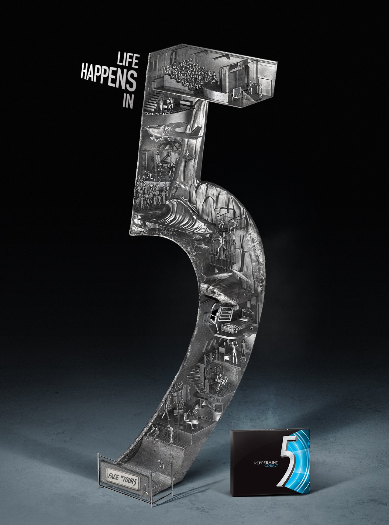 A large three-dimensional number 5 with images of various activities and scenes inside it, labeled 'Life Happens in 5'. There is a poster with the text 'FACE YOURS' in front of the number 5 and a box labeled 'Peppermint Cobalt' nearby.