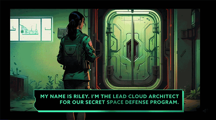 A woman with a ponytail and backpack standing in front of a large, glowing green door in a science fiction setting. Text overlay says 'My name is Riley. I'm the lead cloud architect for our secret space defense program.'