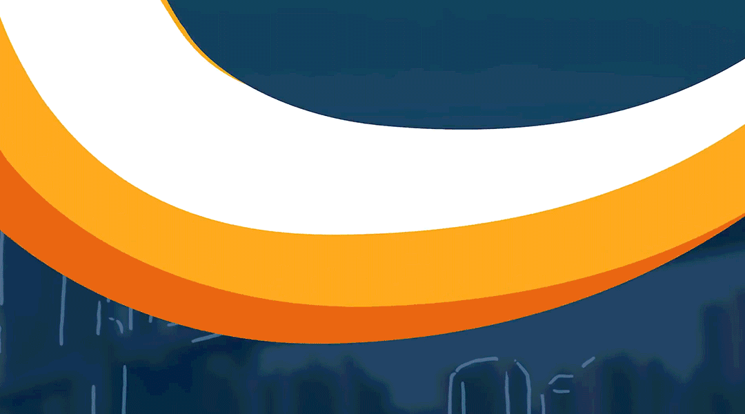 Close-up of a colorful, layered graphic with shades of orange, white, and dark blue, and some chalk writing in the background.