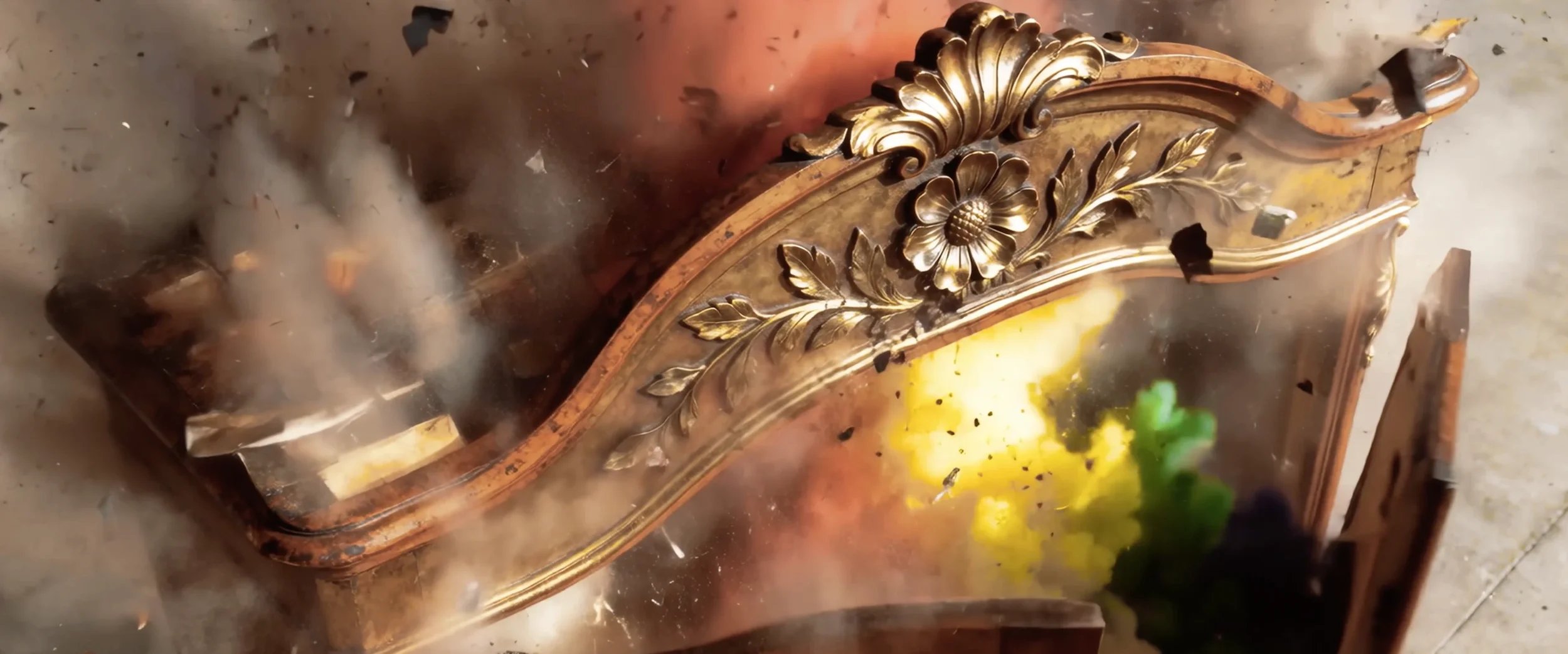 Burning ornate mirror frame with decorative floral details.