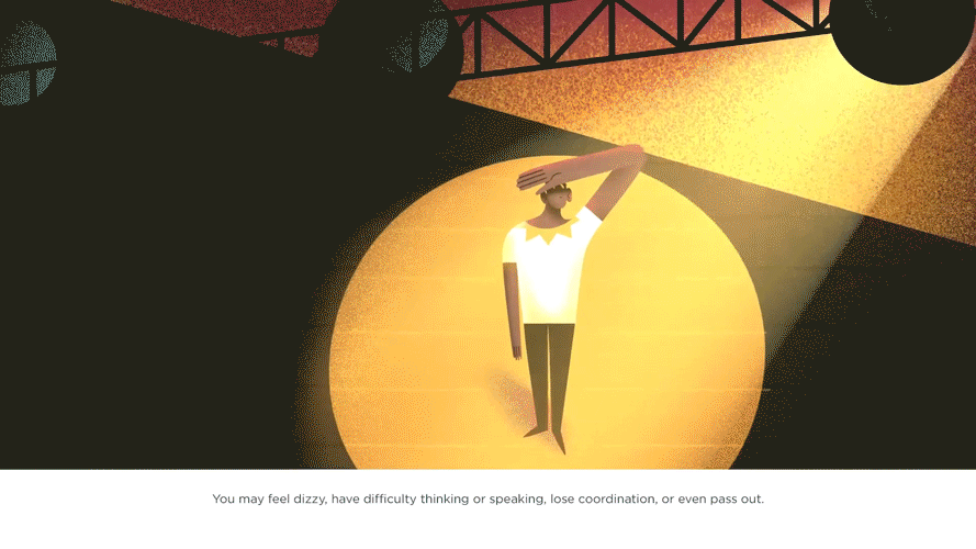 Animated illustration of a person on stage under a spotlight, with a dark background and stage equipment visible, possibly performing or speaking.
