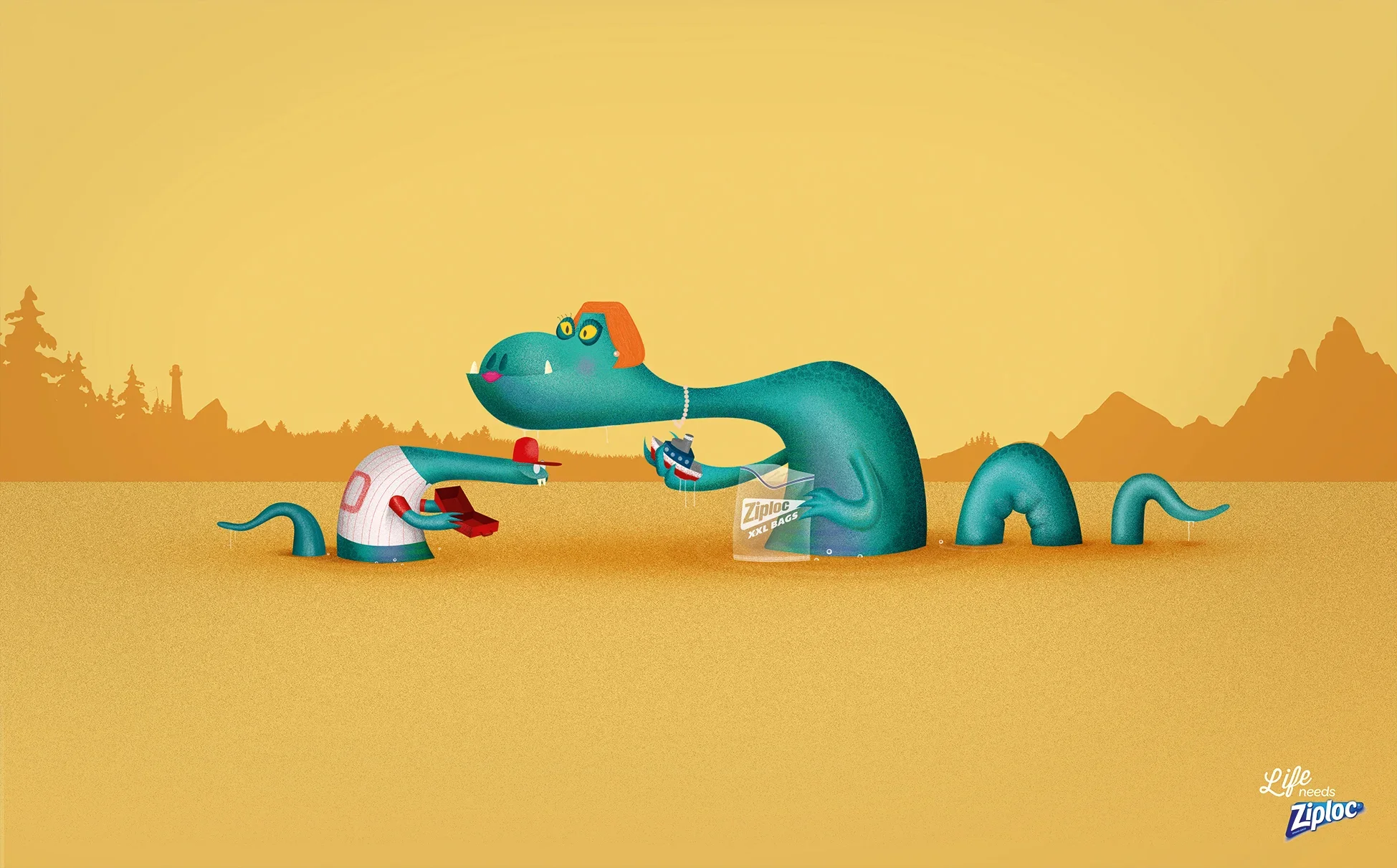 Illustration of a dinosaur and a mouse in the desert, with the dinosaur handing over a jewelry box to a smaller dinosaur holding a shopping bag, with a mountain and forest background and the Ziploc logo.