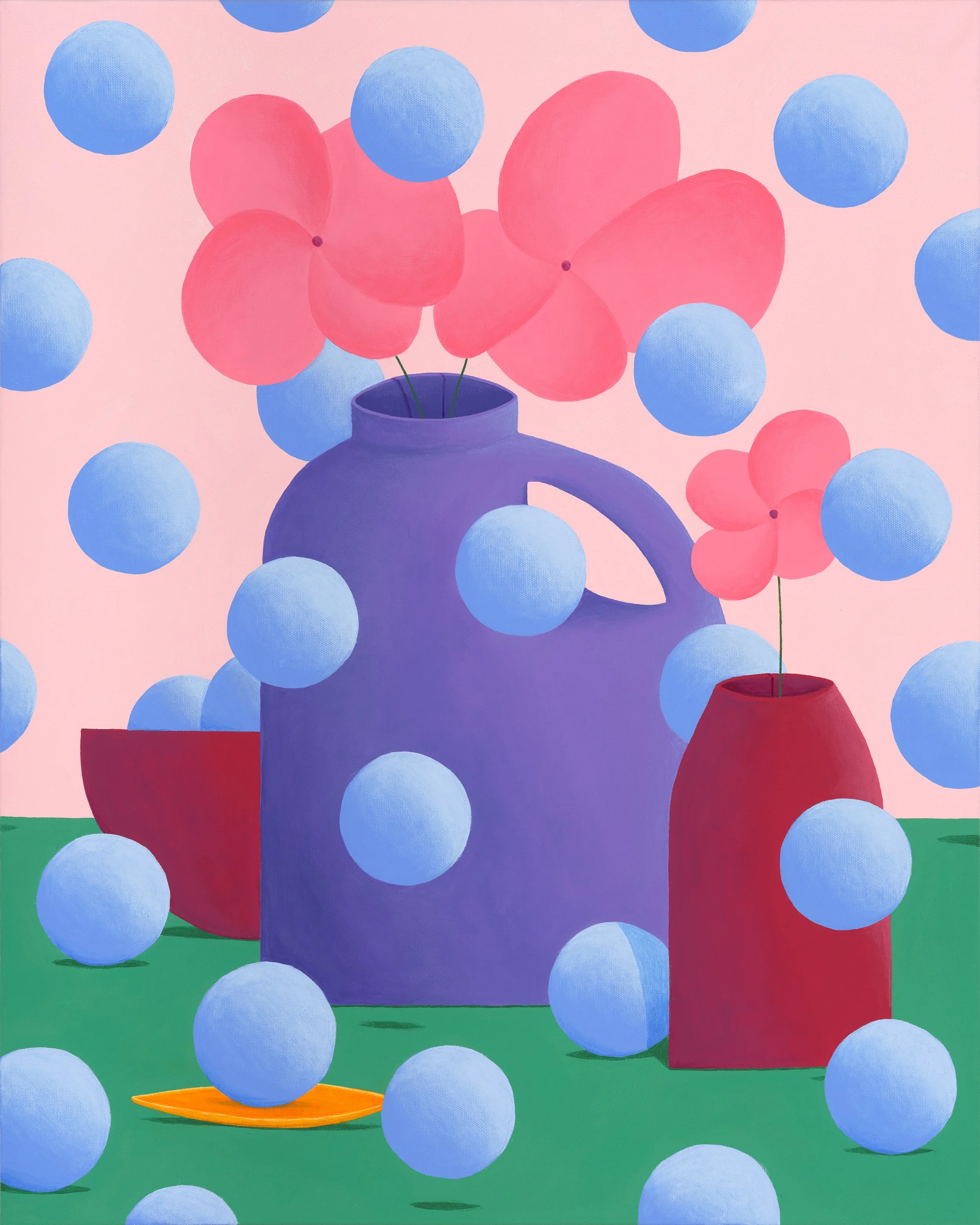 Colorful still life painting with blue spheres, pink flowers in purple and red vases on a green surface with a pink background.