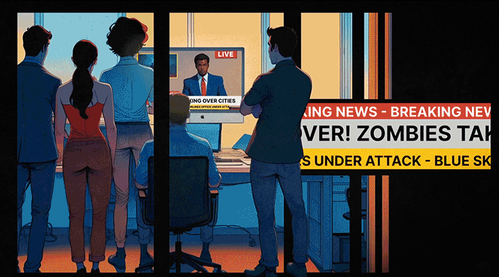 A group of four people watching a news broadcast on a screen in a room. The broadcast reports a story about zombies and an attack, with breaking news and live coverage. The room has a window, and the scene is set in an office or control room with computers and chairs.
