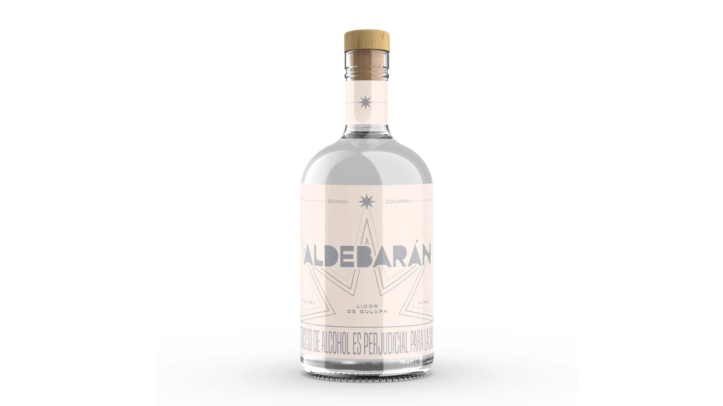 Clear glass bottle of ALDEBARAÑ licor de gulupa with a wooden cap and a light pink label featuring a star design, text indicating Boyacá and Colombia, and a warning about alcohol consumption.