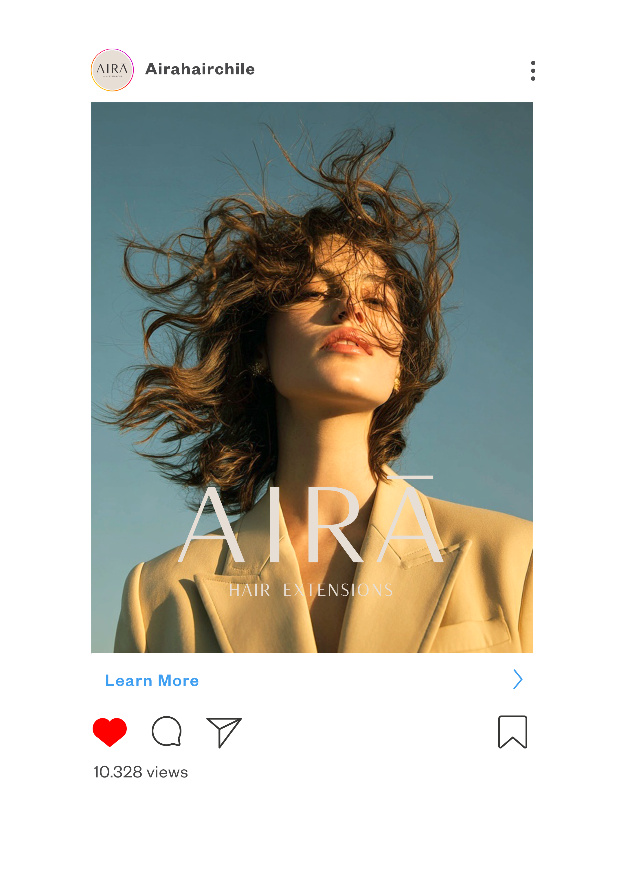Advertisement for Aira hair extensions featuring a woman with wavy hair outdoors against a clear blue sky.