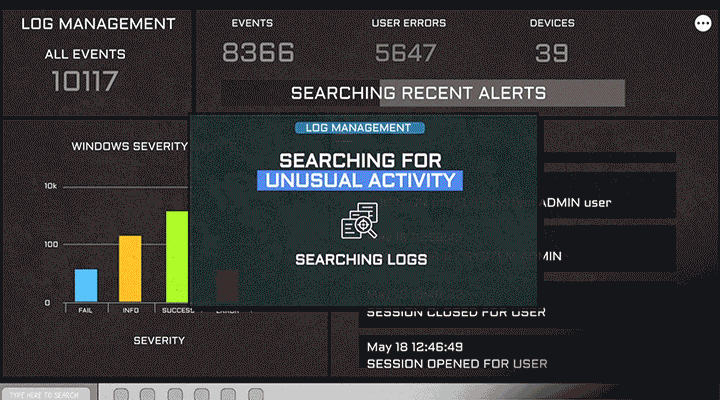 A computer screen displaying a log management dashboard with metrics for events, user errors, devices, and alerts, with a pop-up indicating a search for unusual activity.